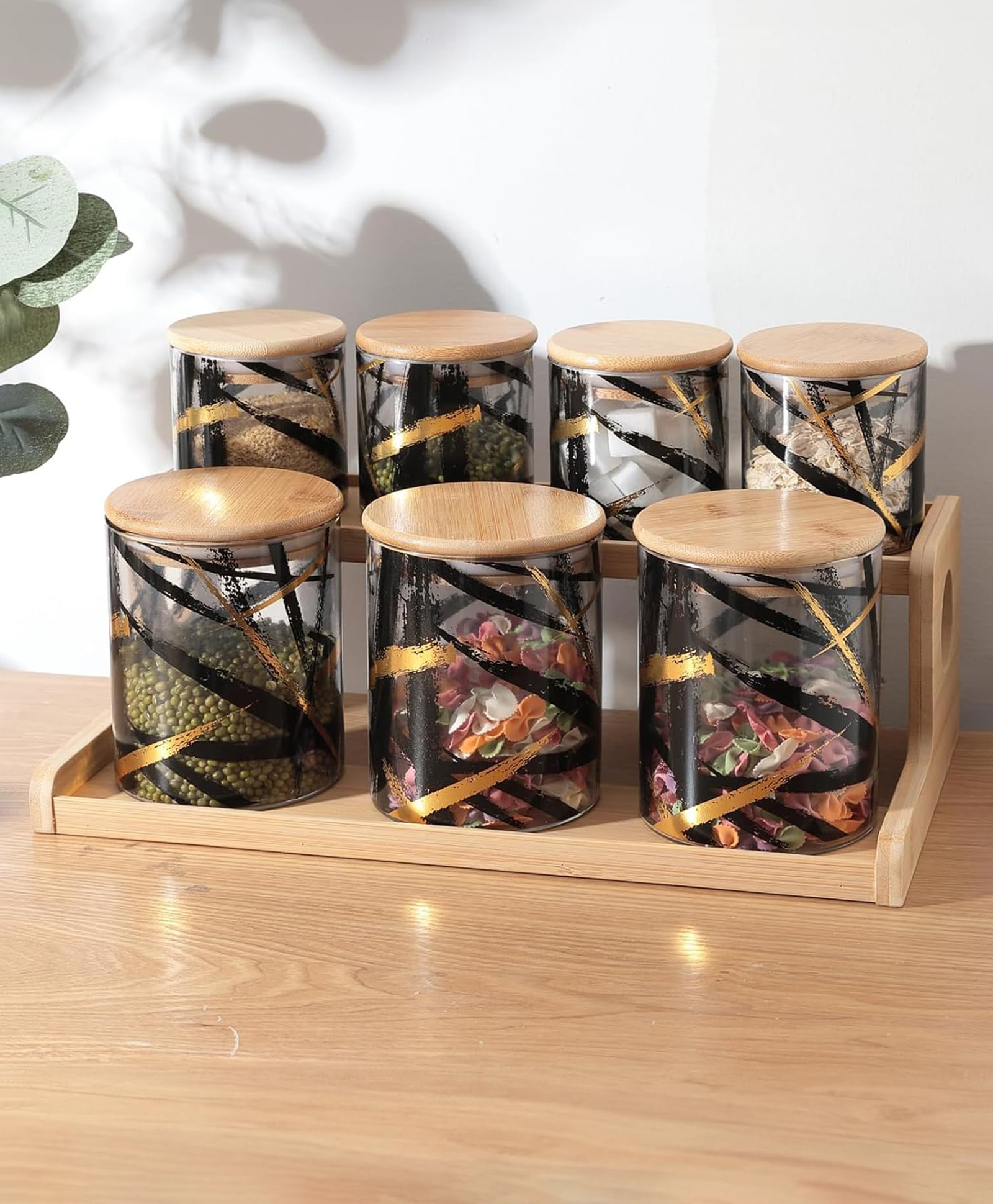 The Better Home Pack of 7 Kitchen Organizer Borosilicate glass Jars for kitchen storage with Bamboo Lid & Tray | 4 Pcs 350 ml & 3 Pcs 850 ml | Glass Jars for, Spices, Snacks, | BPA Free | Transparent-picture-14