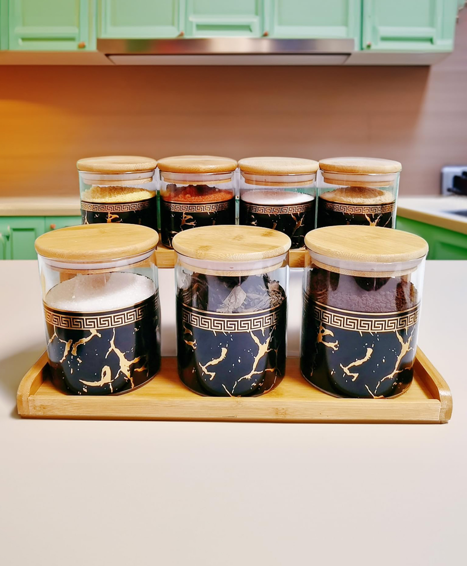 The Better Home Pack of 7 Kitchen Organizer Borosilicate glass Jars for kitchen storage with Bamboo Lid & Tray | 4 Pcs 350 ml & 3 Pcs 850 ml | Glass Jars set for kitchen storage | BPA Free | Green-picture-13