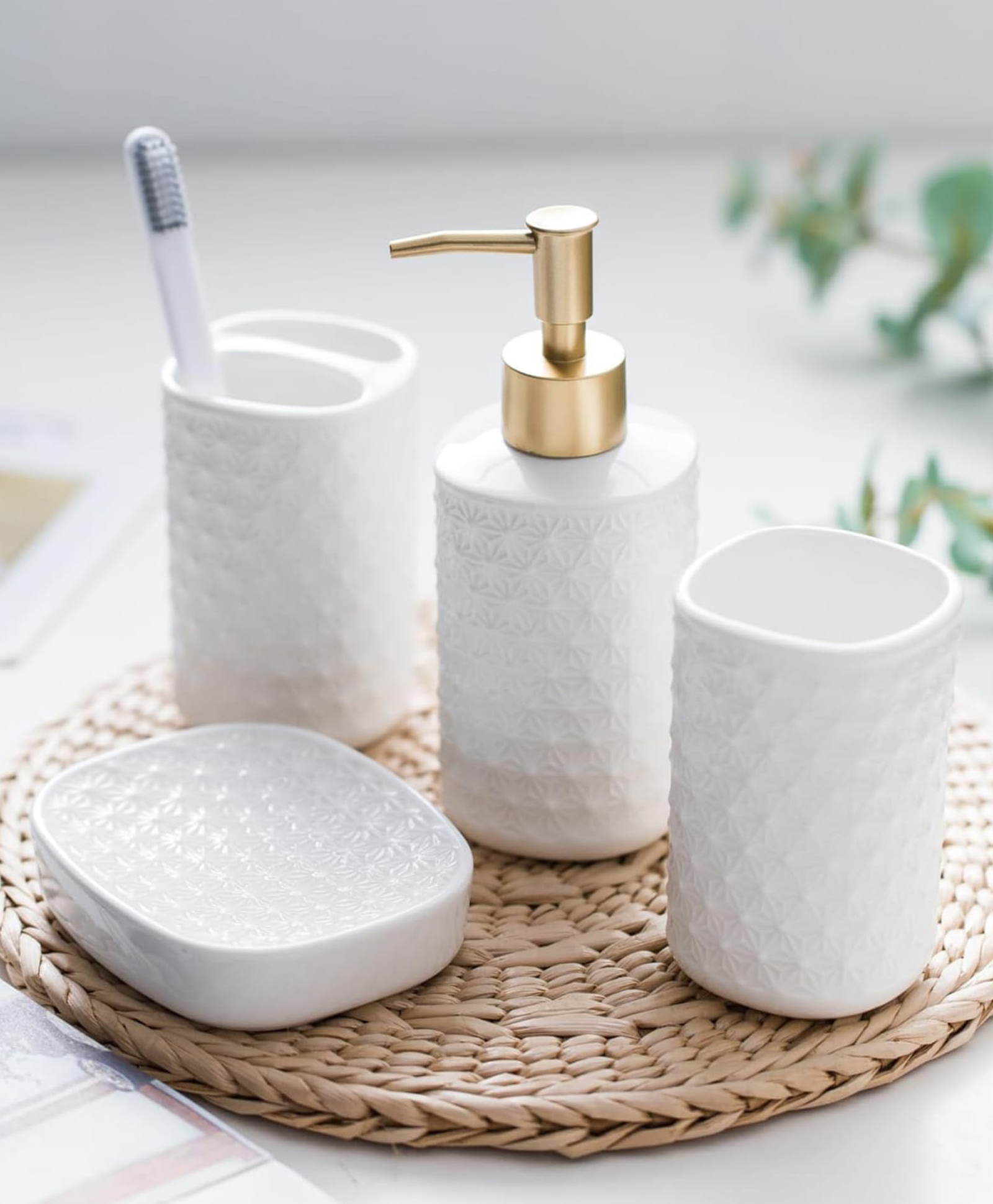 The Better Home Bathroom Accessory Set | 4 Pcs | Ceramic | Includes Soap Dish, Tooth Brush Holder, Water Tumbler, Soap Dispenser 350ml for Bathroom Kitchen | Scratch Proof Moisture Resistant | White-image-21