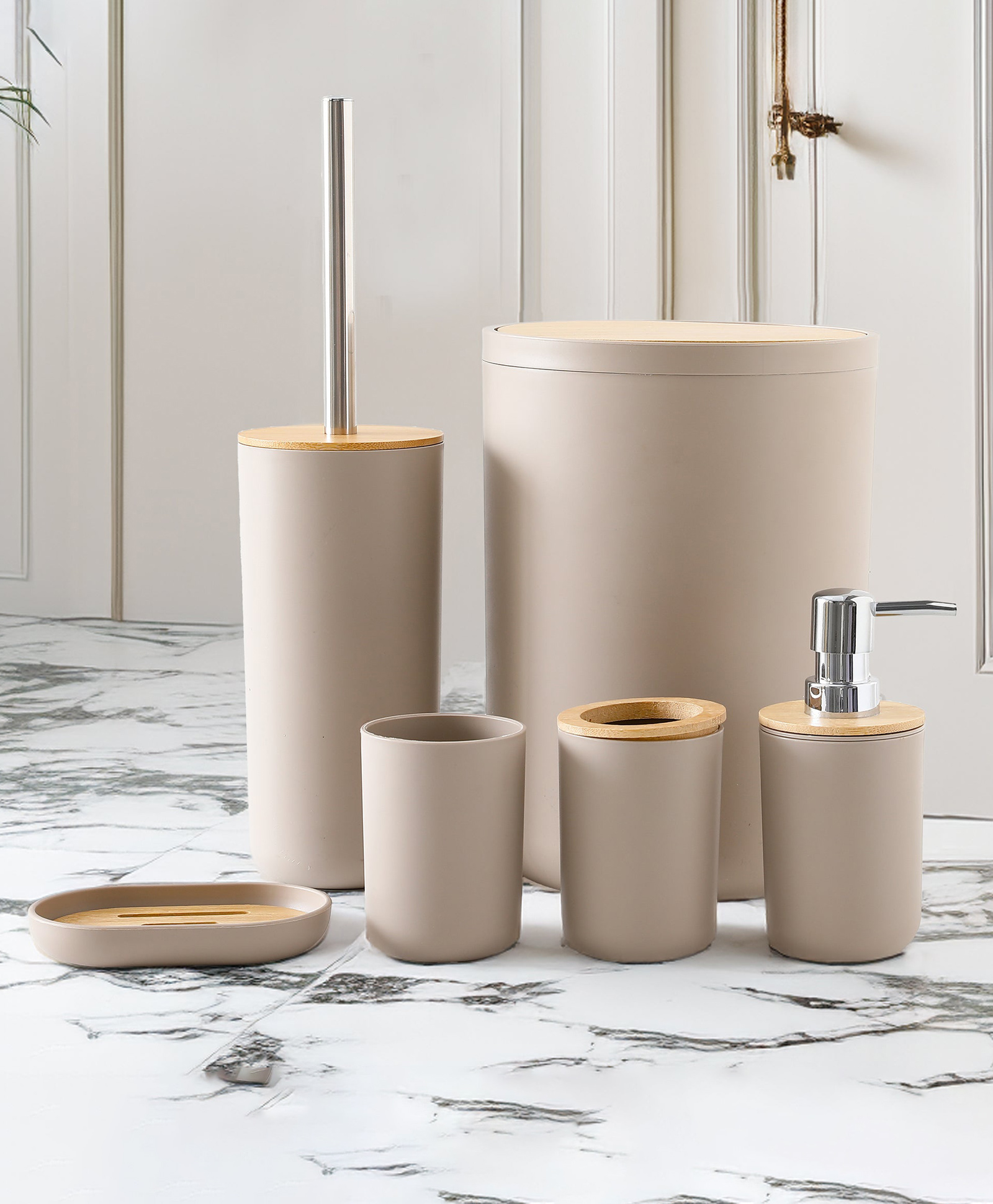 UMAI Bathroom Accessories Set | 6 Piece| Soap Dispenser for Bathroom| Tooth Brush Holder| Mouth Wash Cup| Toilet Brush with Holder | Dustbin for Bathroom Soap Dish | Warm Grey (Pack of 6)-image-17