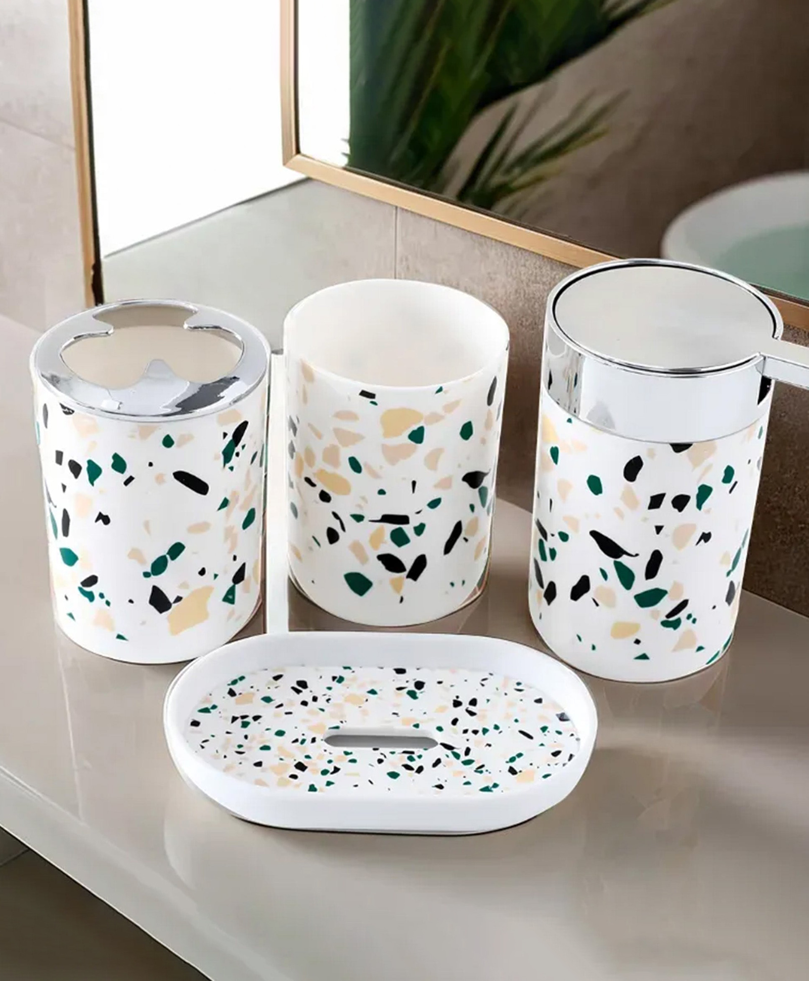 UMAI Bathroom Accessories Set | 4 Piece | Soap Dispenser for Bathroom |Tooth Brush Holder| Mouth Wash Cup | Soap Dish | for Bathroom | Attractive and Stylish Terrazzo Design | White Concrete Mix Look-image-1