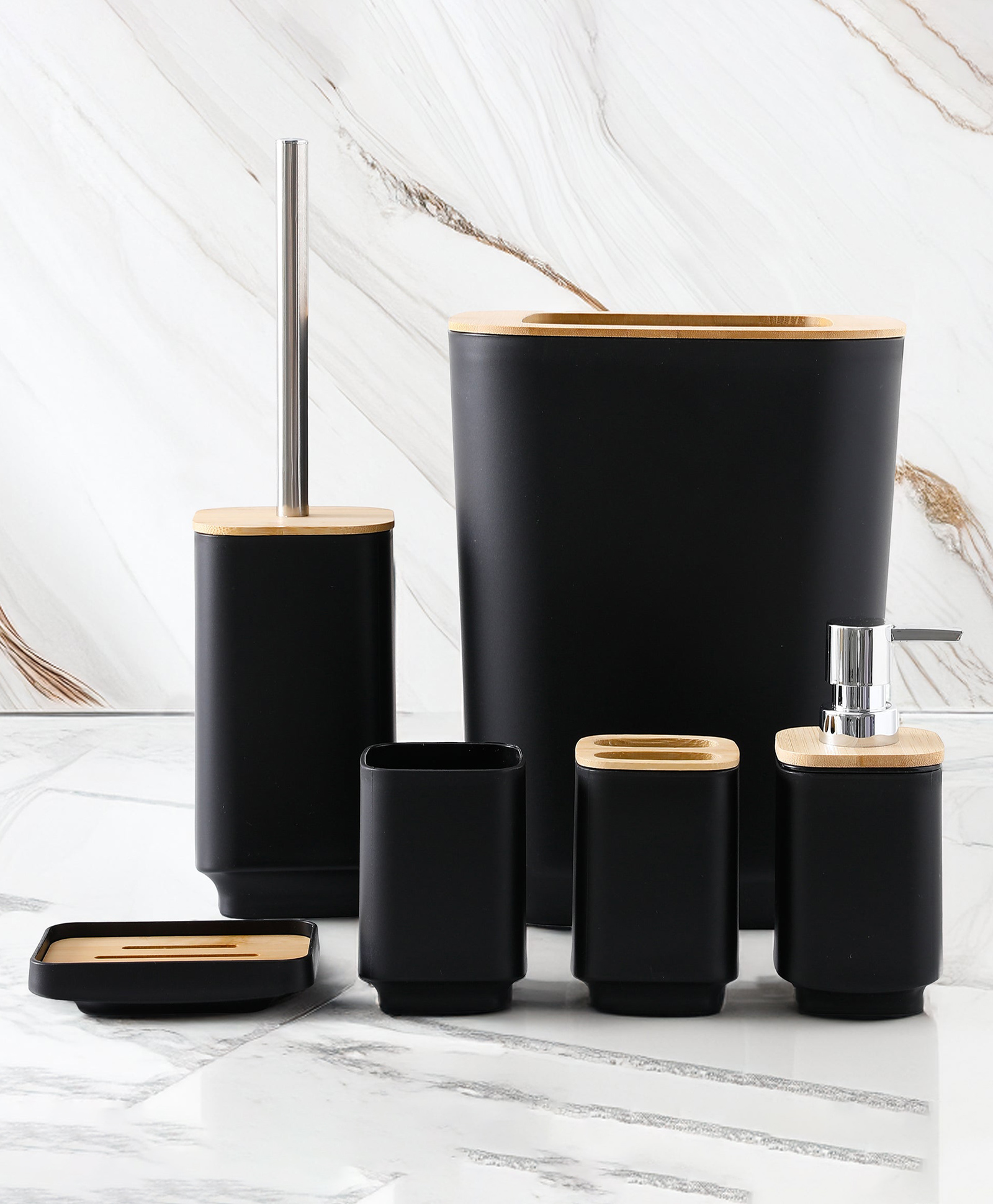 UMAI Bathroom Accessories Set | 6 Piece Soap Dispenser for Bathroom Tooth Brush Holder | Soap Dish Mouth Wash Cup Toilet Brush Toilet Brush Holder | for Bathroom | Black (Set of 6)-image-18