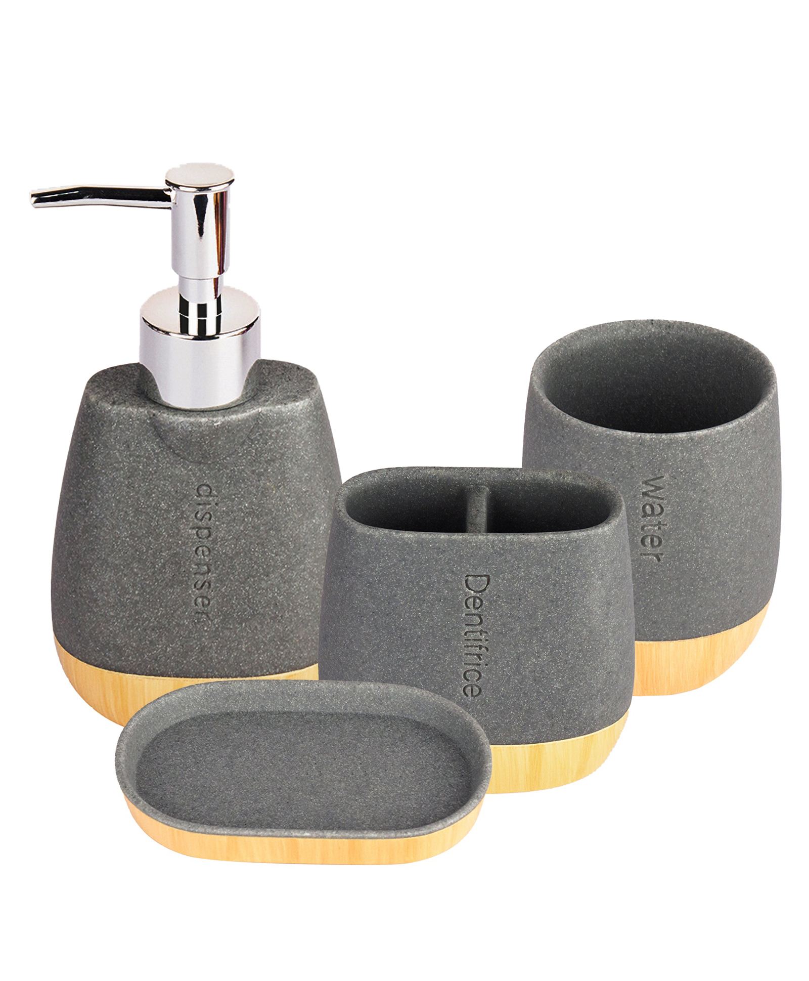 UMAI Polyresin 4-Piece Bathroom Accessories Set | Soap Holder, Liquid Soap Dispenser for Bathroom (250ml), Tumbler & Toothbrush Holder | Moisture Resistant | Scratch Proof | Grey-image-2
