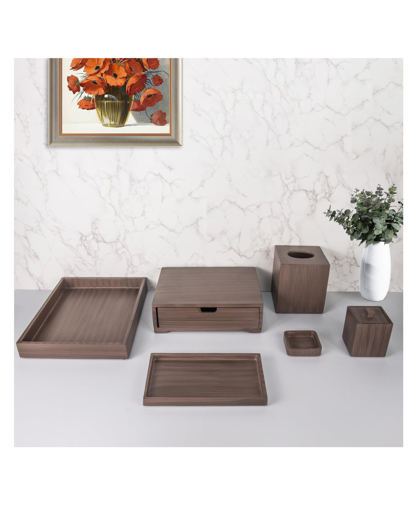 UMAI 6 Pcs Polyresin Bathroom Accessories Set - Soap Holder for Bathroom, Towel Tray, Cotton Swab Box, Tissue Box, Tray & Amenity Box | Bathroom Accessories | Soap Case | Bathroom Set | Brown-image-23