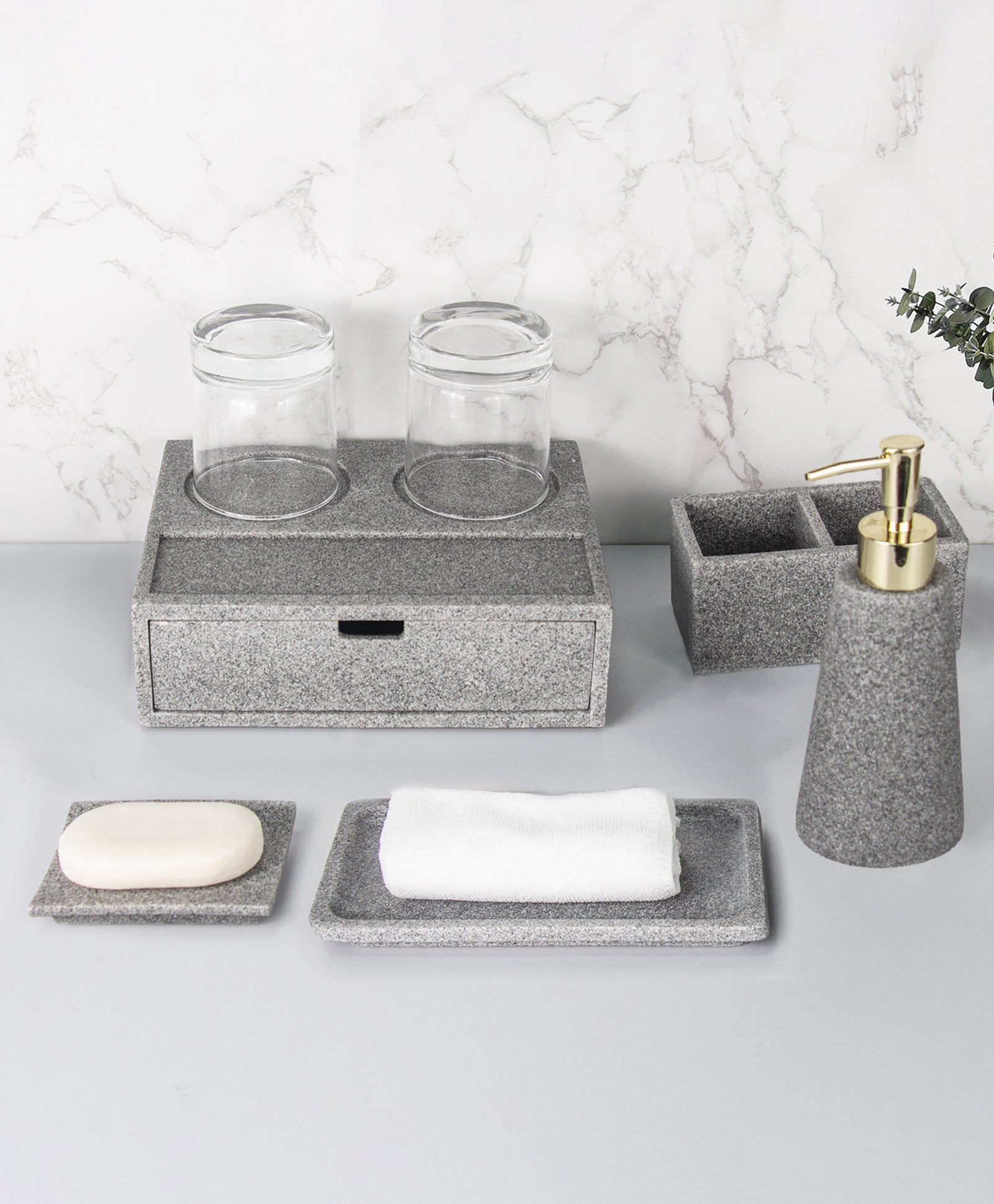 UMAI 5 Pcs Polyresin Bathroom Accessories Set - Liquid Soap Dispenser for Bathroom, Soap Holder for Bathroom, Towel Tray, Storage Organizer Box, Amenity Box | Bathroom Set | Grey-image-4
