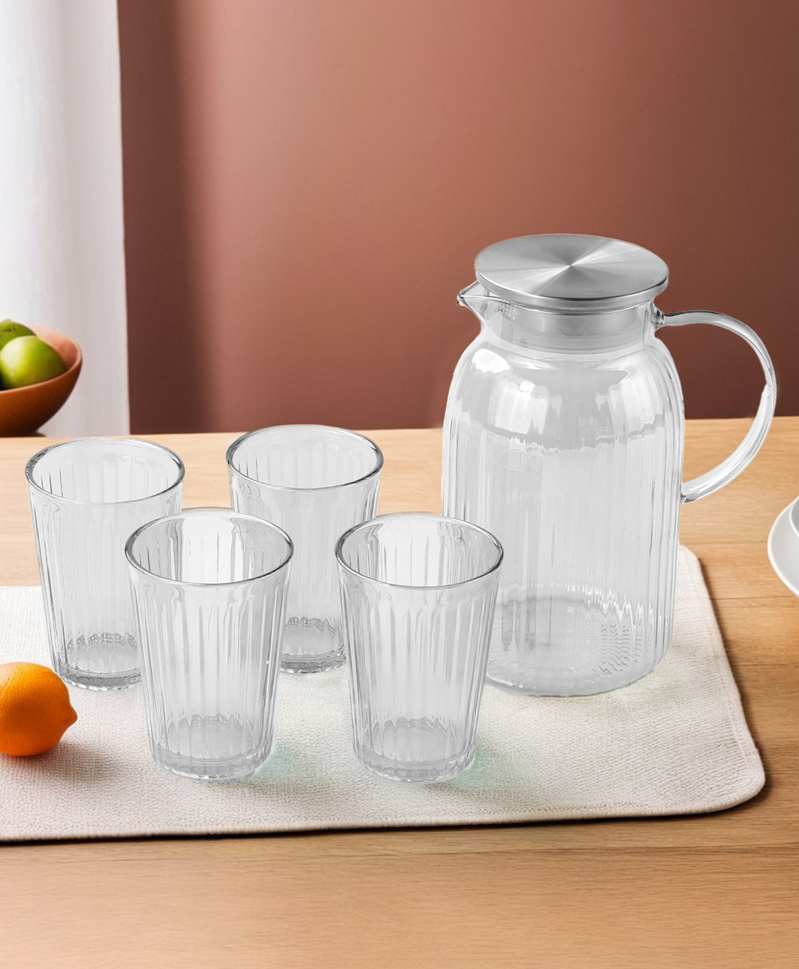 UMAI Borosilicate Glass Water Jug 1600ml with Lid & Glasses (260ml Each) | Glass Jar for Water with Handle | Glass Jug for Water | Water Jug Glass | Detox Water Jar (Grey)-image-38