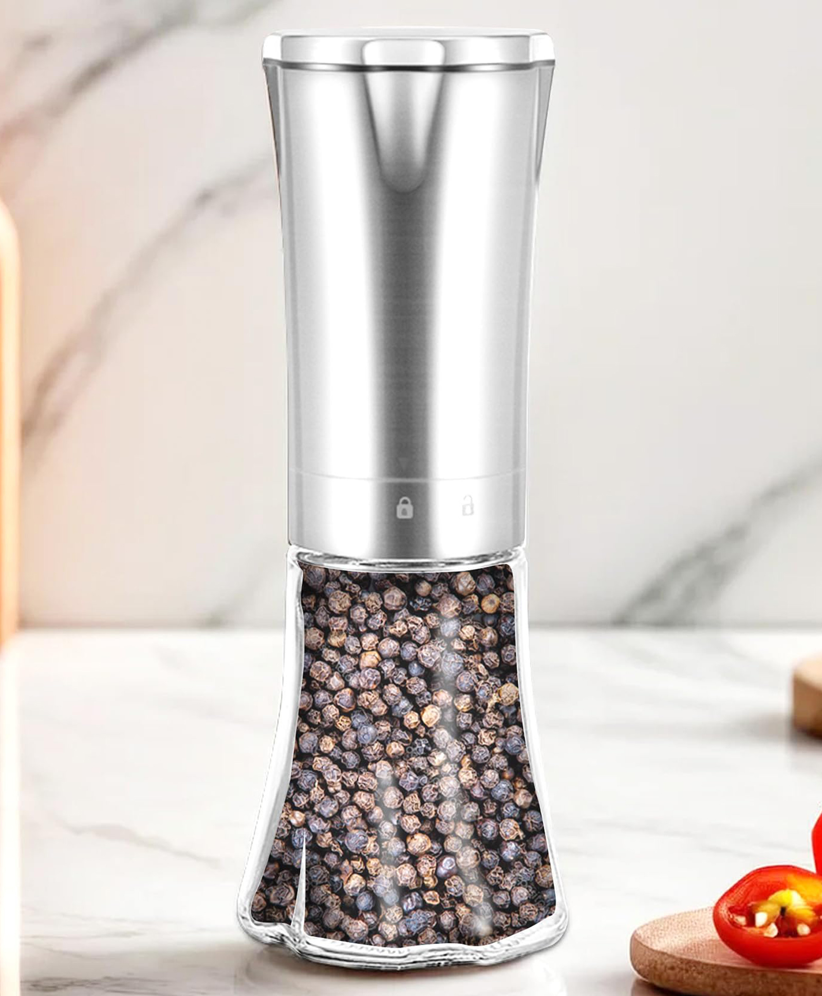 umai black pepper crusher (200ml) | glass & stainless steel body with ceramic burr | pepper mill | manual grinder for kitchen | adjustable coarseness | salt pepper grinder