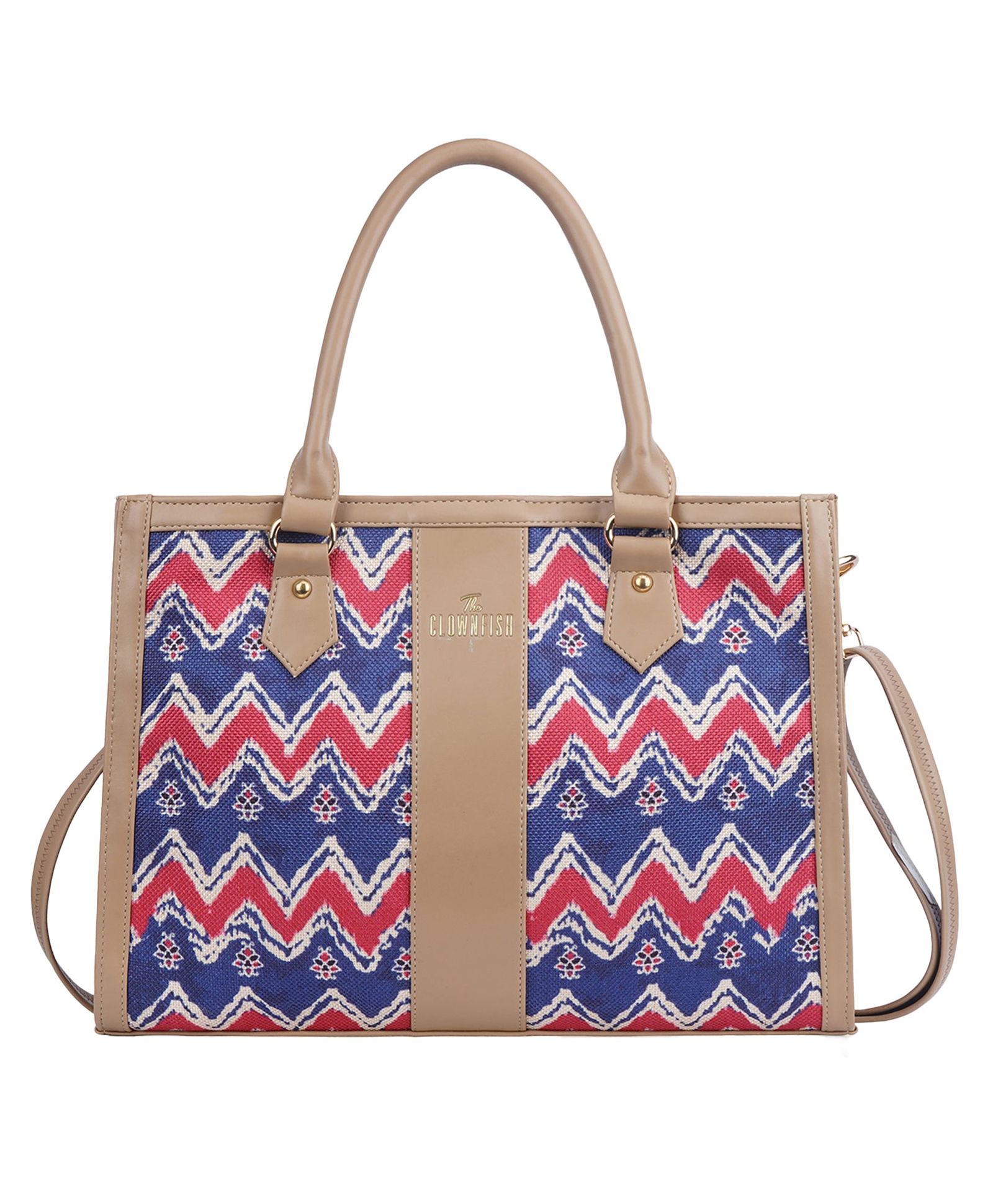 THE CLOWNFISH Allure Series Multipurpose Handbag For Women Tote Printed Jute Fabric Vegan Leather Bag with Shoulder Sling Strap (Light Beige Multicolor-Waves Print)-image-36