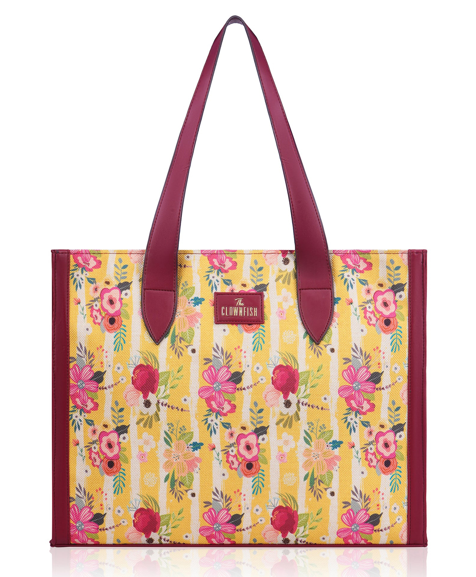 THE CLOWNFISH Bella Series Multipurpose Handbag For Women Box Bag 15.6 inch Laptop Bag Tote Printed Handicraft Jute Fabric Vegan Leather Bag (Maroon Multicolor-Floral)-image-30