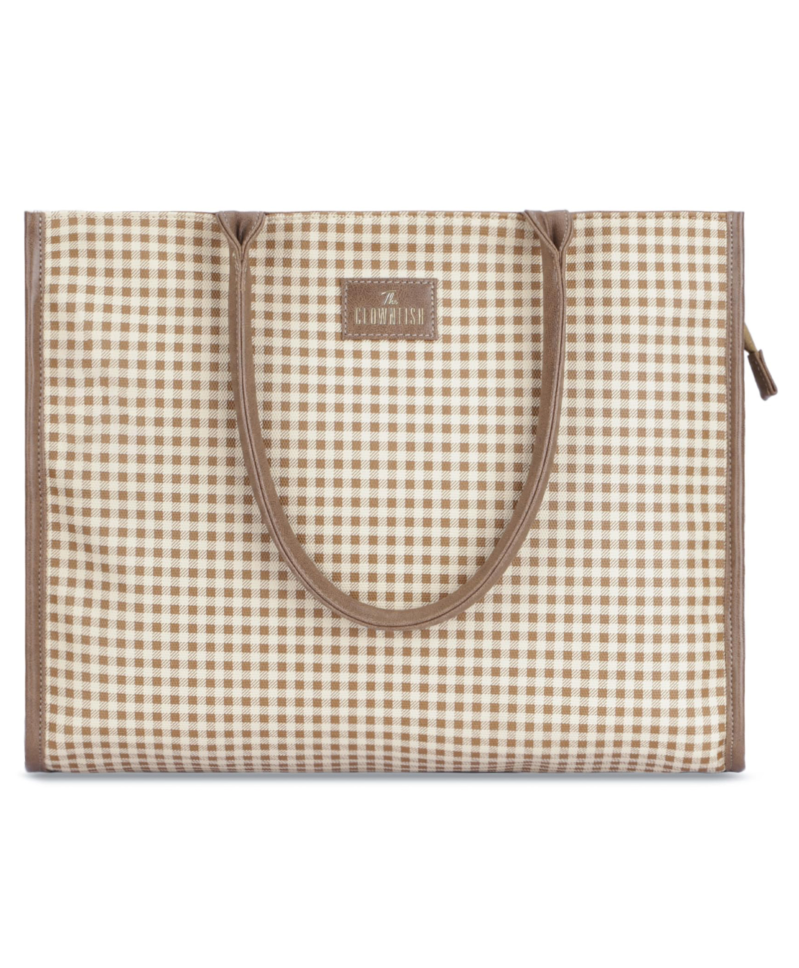 (TCFWHBFL-LBR-CHK)- THE CLOWNFISH Moda Collection Multipurpose Faux Leather Handbag For Women 15.6 inch Laptop Bag Box Bag Tote Office Bag Shoulder Bag (Light Brown- Checks)-image-1