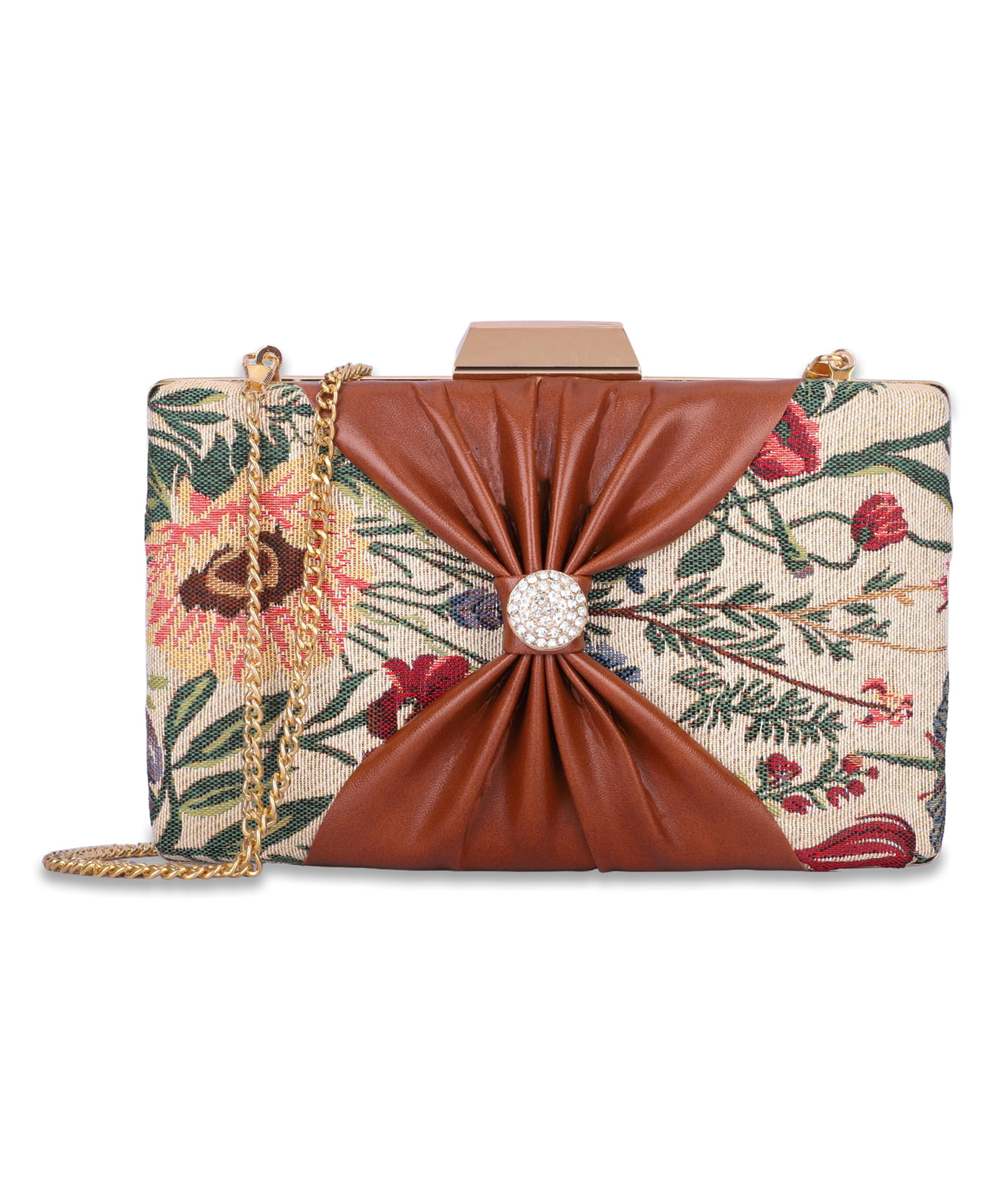 (TCFLWFL-RSFLX2)- THE CLOWNFISH Ritzy Collection Womens Party Clutch Ladies Wallet with Chain Strap Evening Bag with Fashionable Button Closure (Flax)-image-25