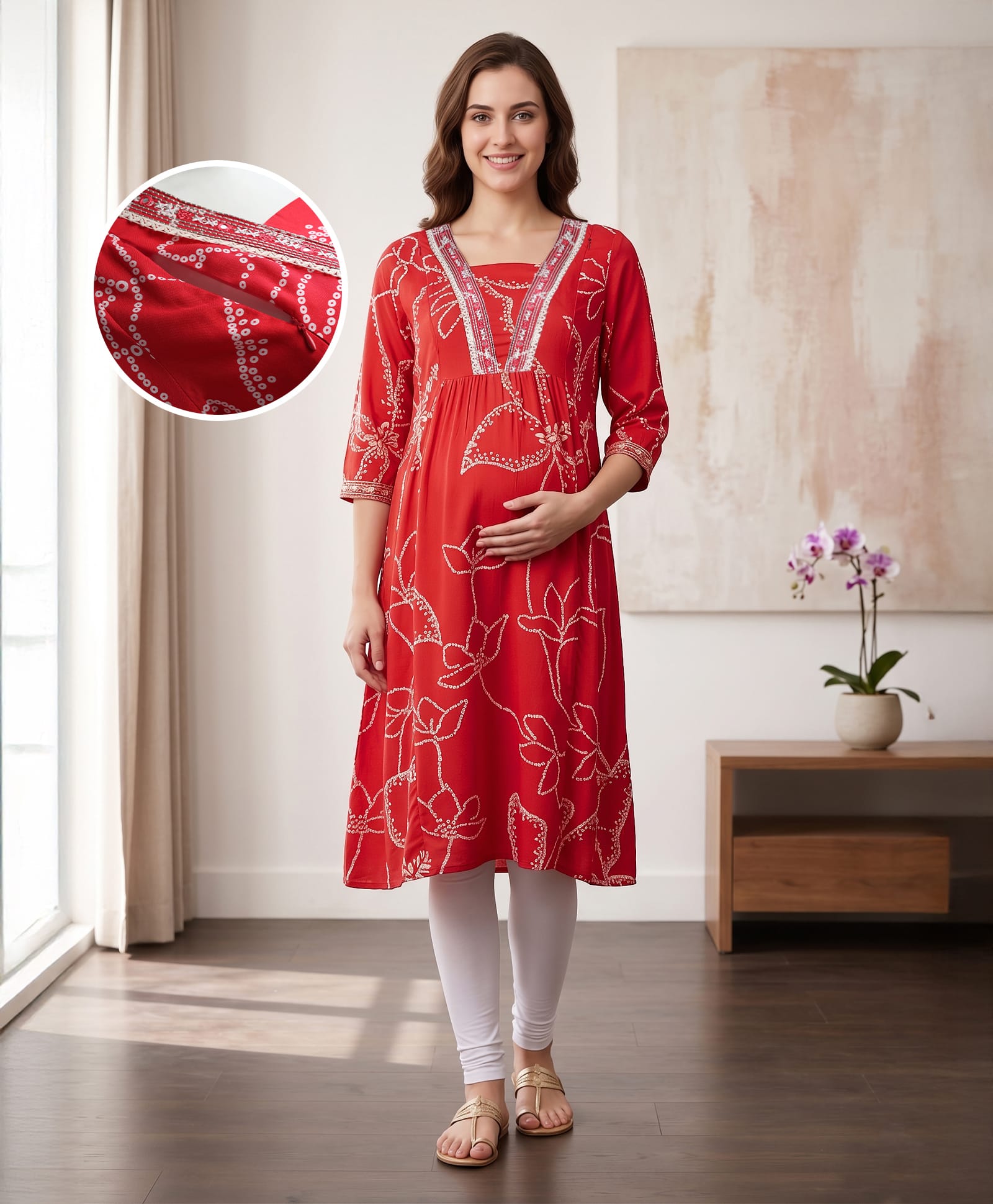 Bella Mama Woven Three Fourth Sleeves Maternity Kurta With Highlighted Neck Floral Print - Pink-image-45
