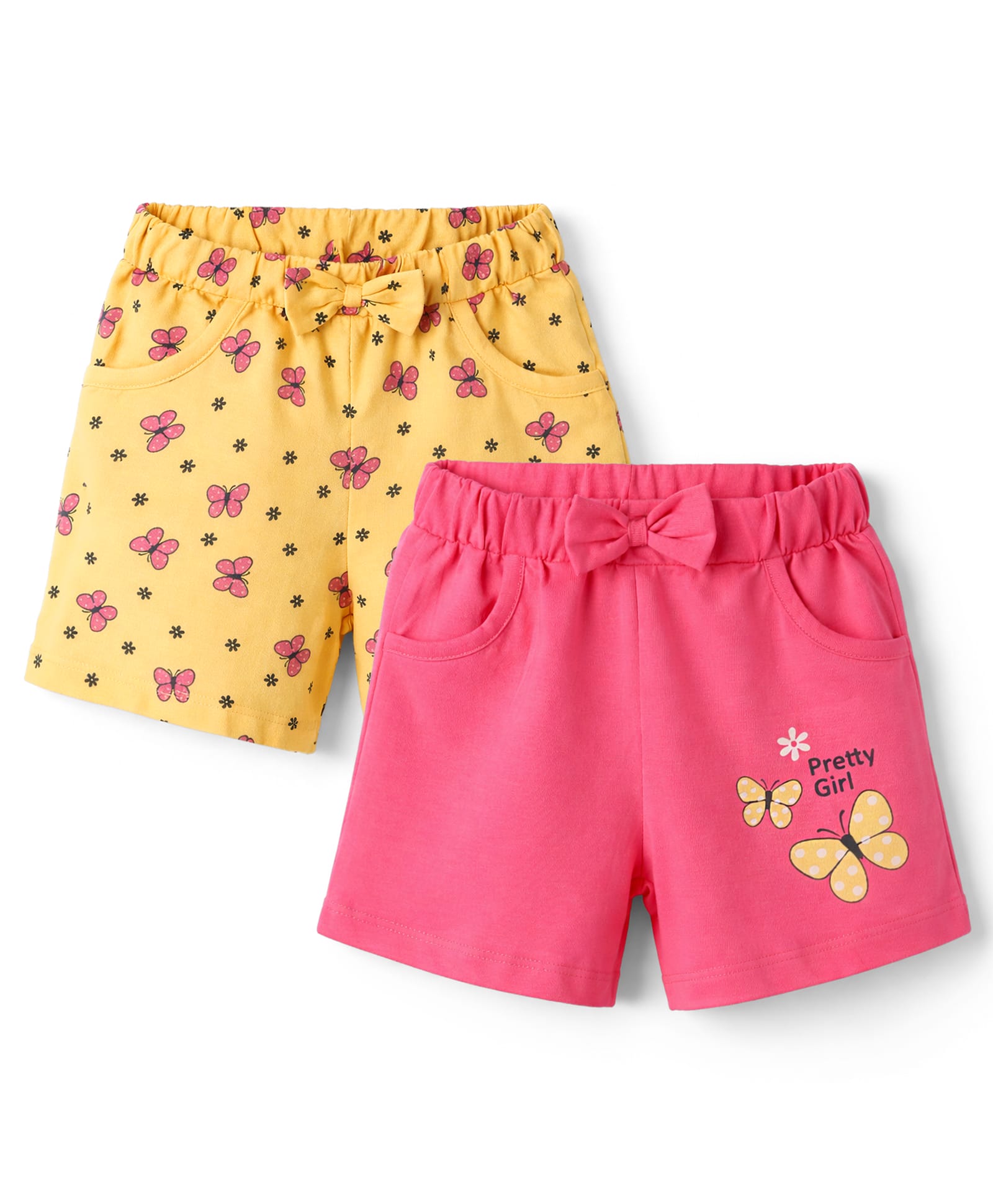 Doodle Poodle 100% Cotton Knit Knee Length Shorts with Butterfly Print & Bow Applique Pack of 2 - Pink & Yellow-picture-31