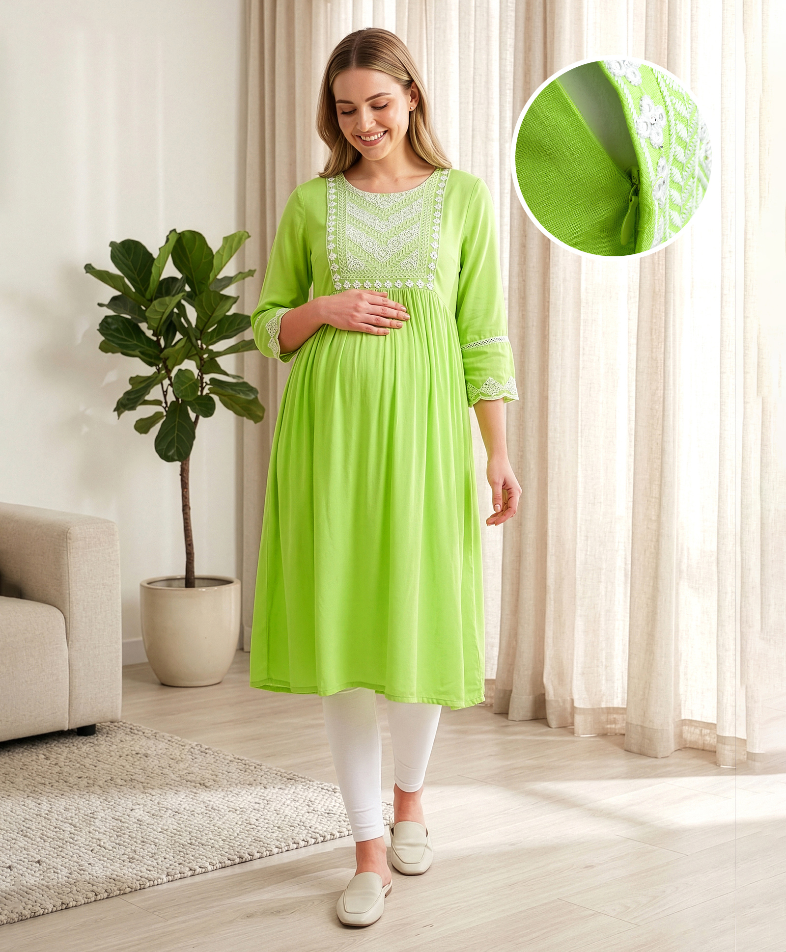 Bella Mama Woven Three Fourth Sleeves Maternity Kurta with Embroidery - Light Green