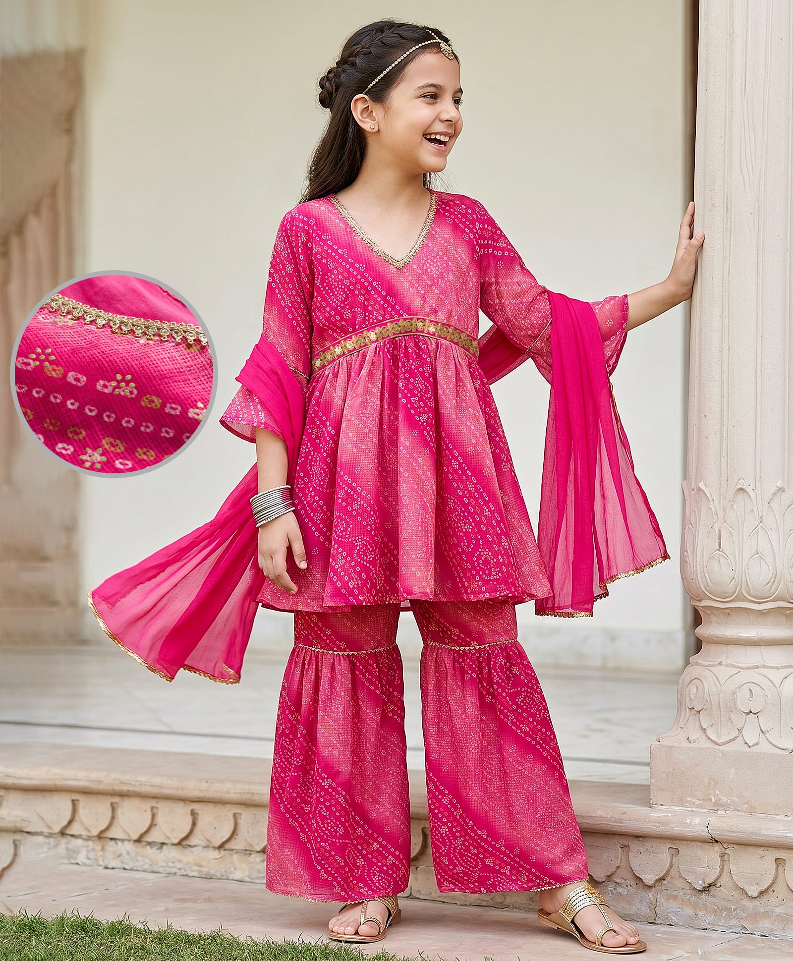 EARTHY TOUCH Cotton Woven Three Forth Sleeves Bandhani Printed Kurti & Gharara Set With Dupatta - Pink-image-11