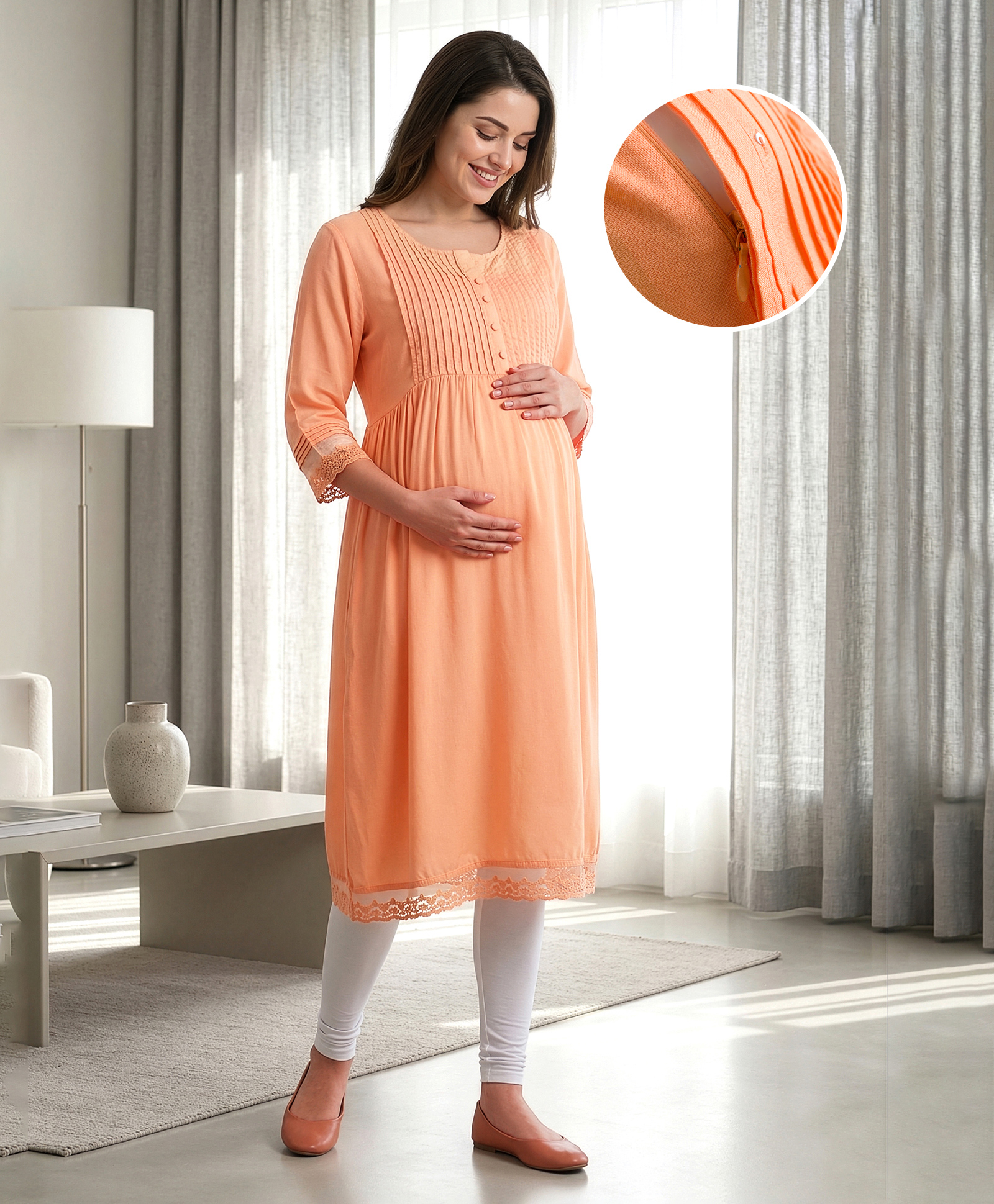 Bella Mama Woven Three Fourth Sleeves Solid Maternity Kurta With Pleated Yoke - Peach-picture-23