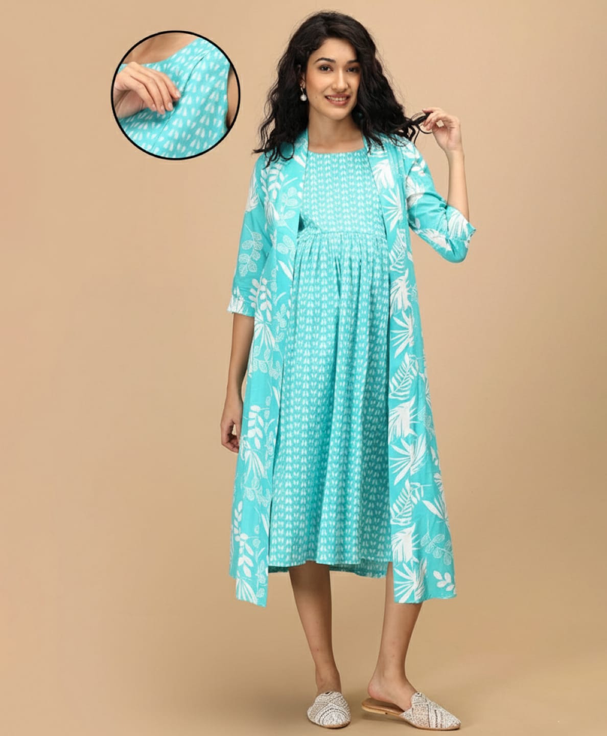 The Mom Store Cotton Woven Abstract Printed Maternity Dress With Side Zipper Nursing Access & Three Fourth Sleeves Shacket - Turquoise-picture-42