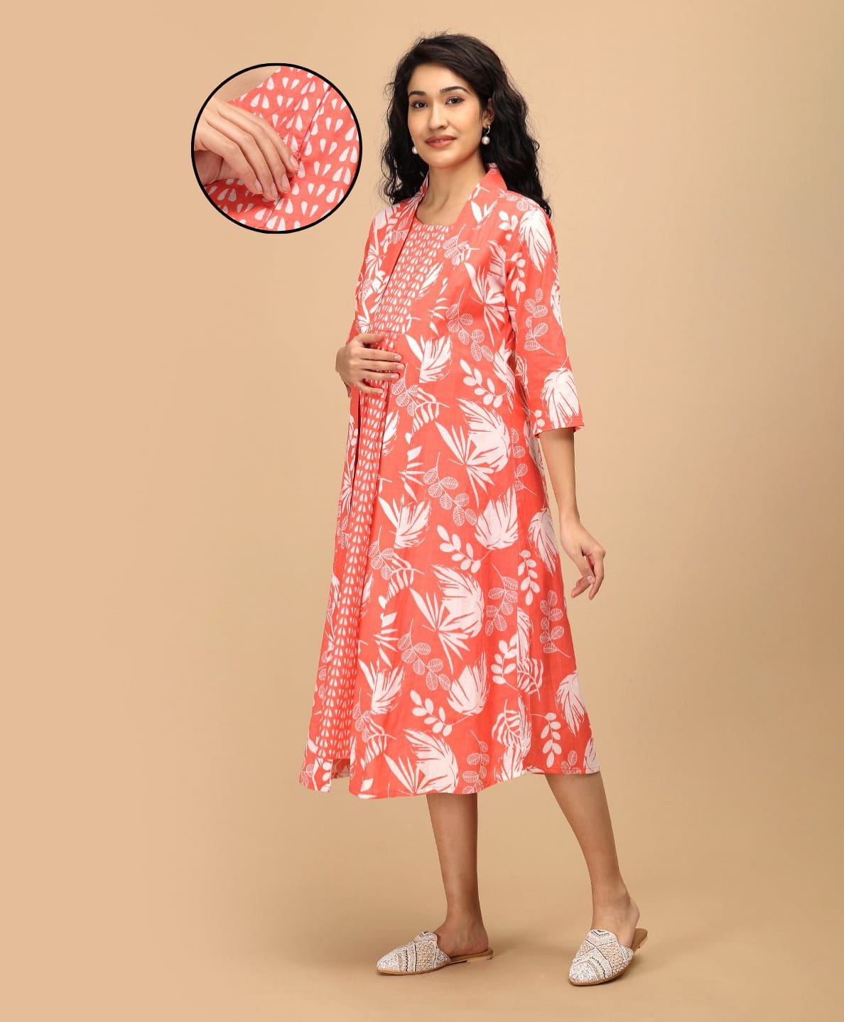 The Mom Store Cotton Woven Abstract Printed Maternity Dress With Side Zipper Nursing Access & Three Fourth Sleeves Shacket - Peach-picture-11