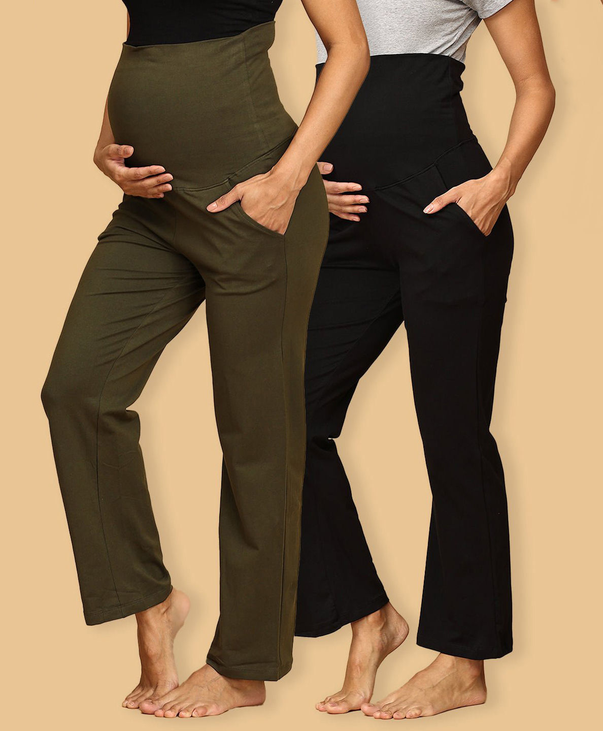The Mom Store Cotton Woven Pack Of 2 Solid Maternity Track Pants - Olive & Black-picture-19