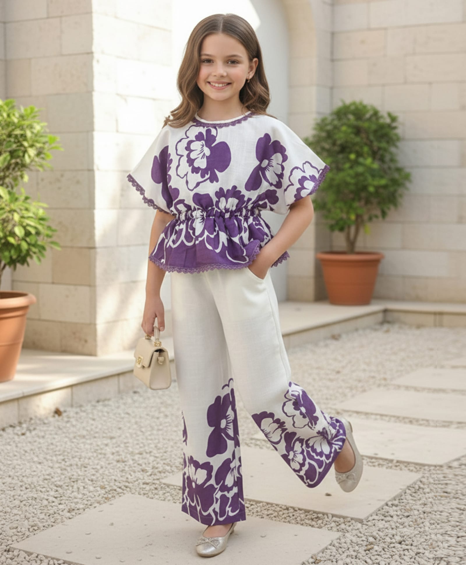 Cutiekins Rayon Woven Half Batwing Sleeves Floral Printed Top & Palazzo Set - Purple & Off White-picture-23