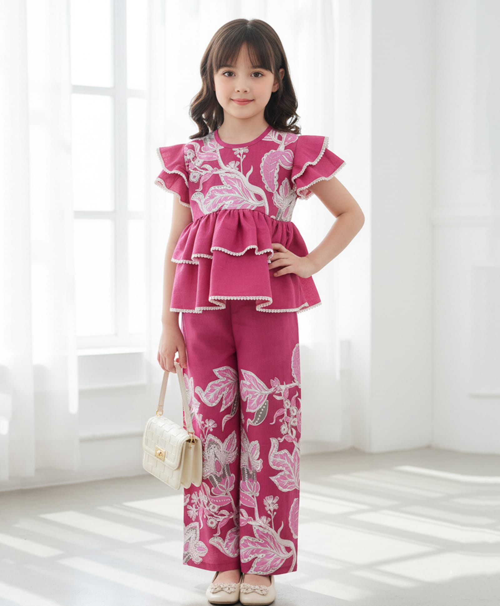 Cutiekins Rayon Woven Half Sleeves Floral Embroidered Top & Palazzo Set - Dark Pink & White-picture-20