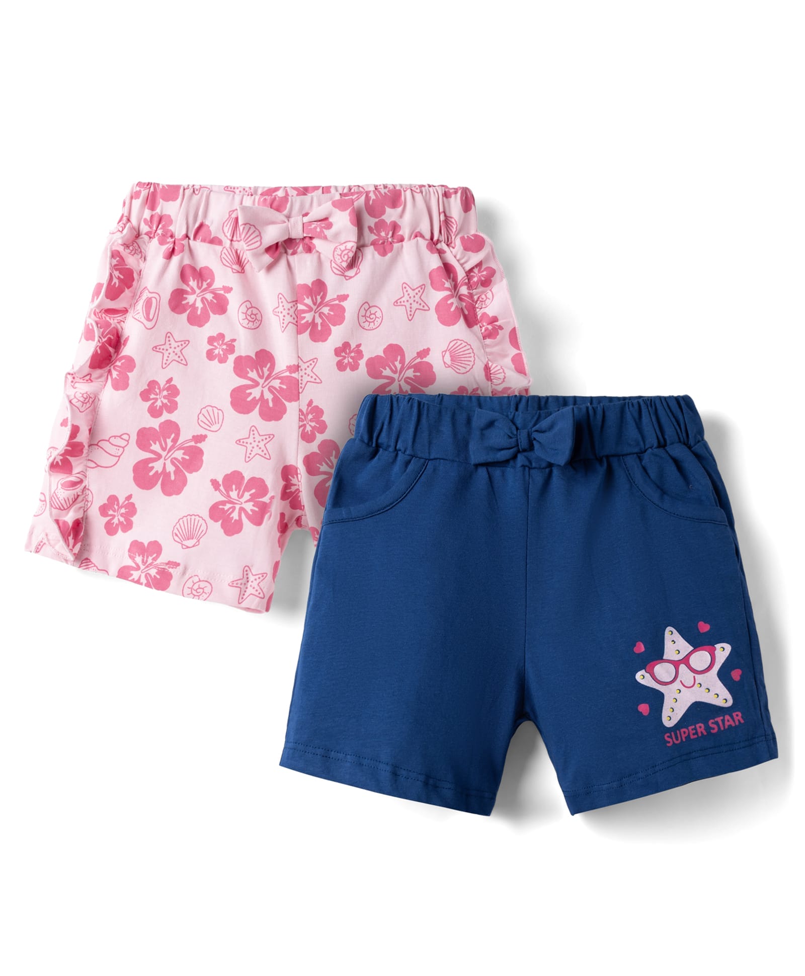 Doodle Poodle 100% Cotton Knit Knee Length Shorts with Floral & Seashell Print Pack of 2 - Pink & Navy Blue-picture-30