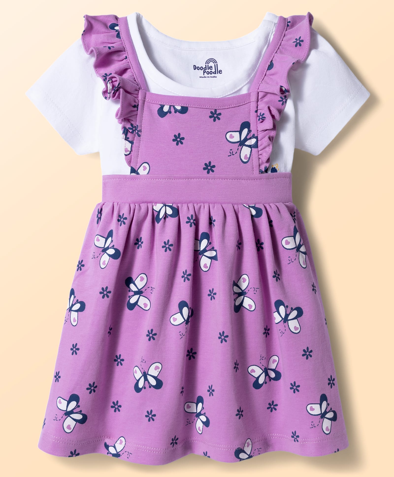 Doodle Poodle Cotton Knit Frock with Inner Tee Half Sleeves Floral & Butterfly Print White Newborn-picture-1