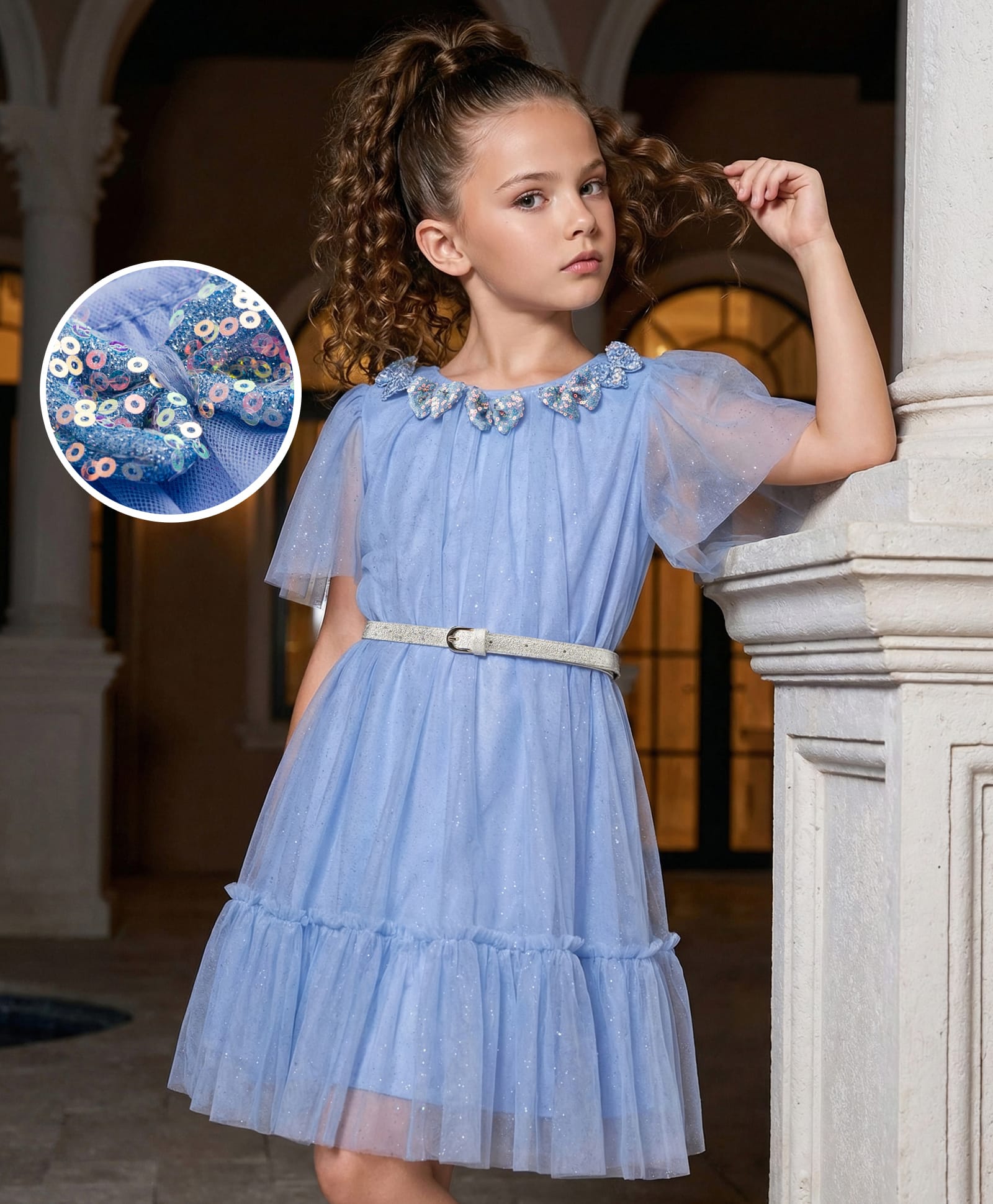 Hola Bonita Knit Half Flutter Sleeves Glitter Mesh Party Dress With Belt Sequin Detailing & Bows Applique - Blue-image-43