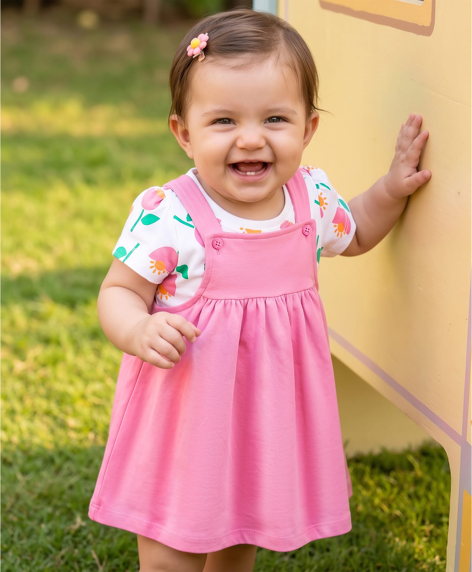 Doodle Poodle 100% Cotton Knit Frock & Half Sleeves Inner Tee With Floral Print - White & Pink-image-15