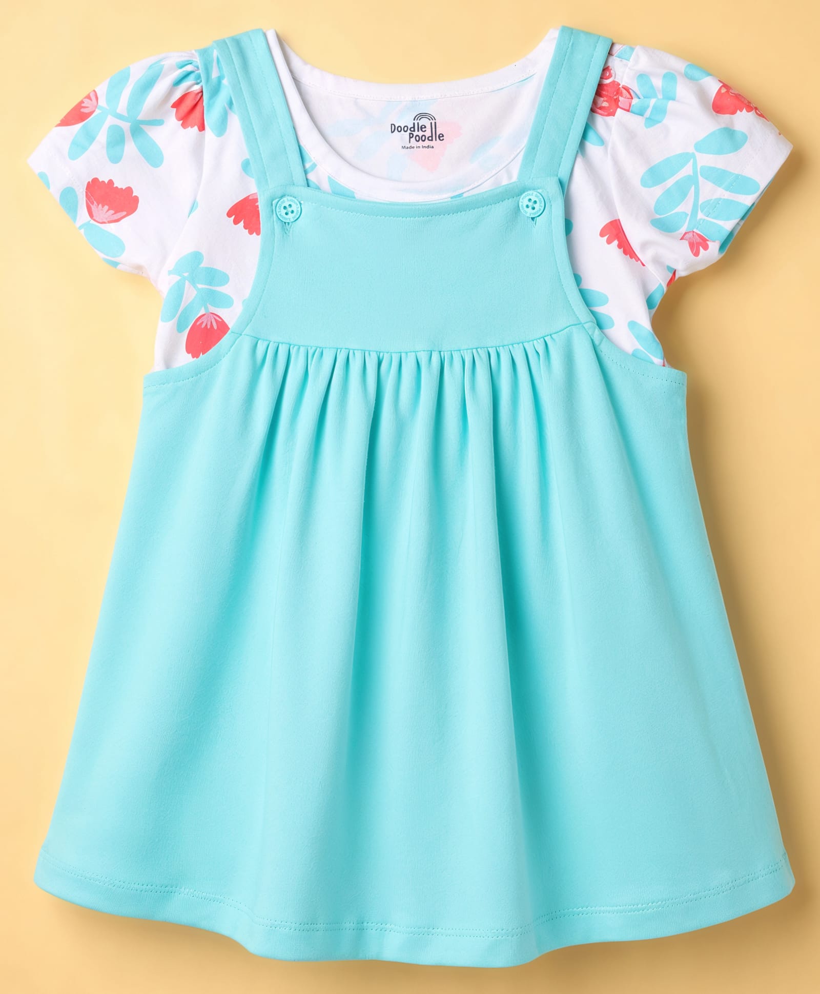 Doodle Poodle 100% Cotton Knit Half Sleeves Floral Printed Frock With Inner Tee - White & Aqua Blue-image-16