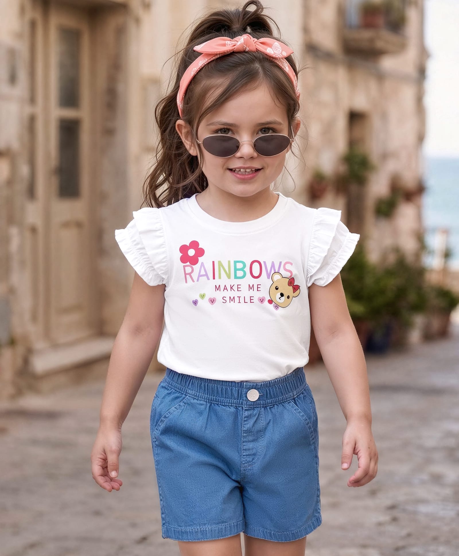Babyhug Single Jersey Knit Half Sleeves Top & Denim Shorts Set with Text Print - White & Blue-image-26
