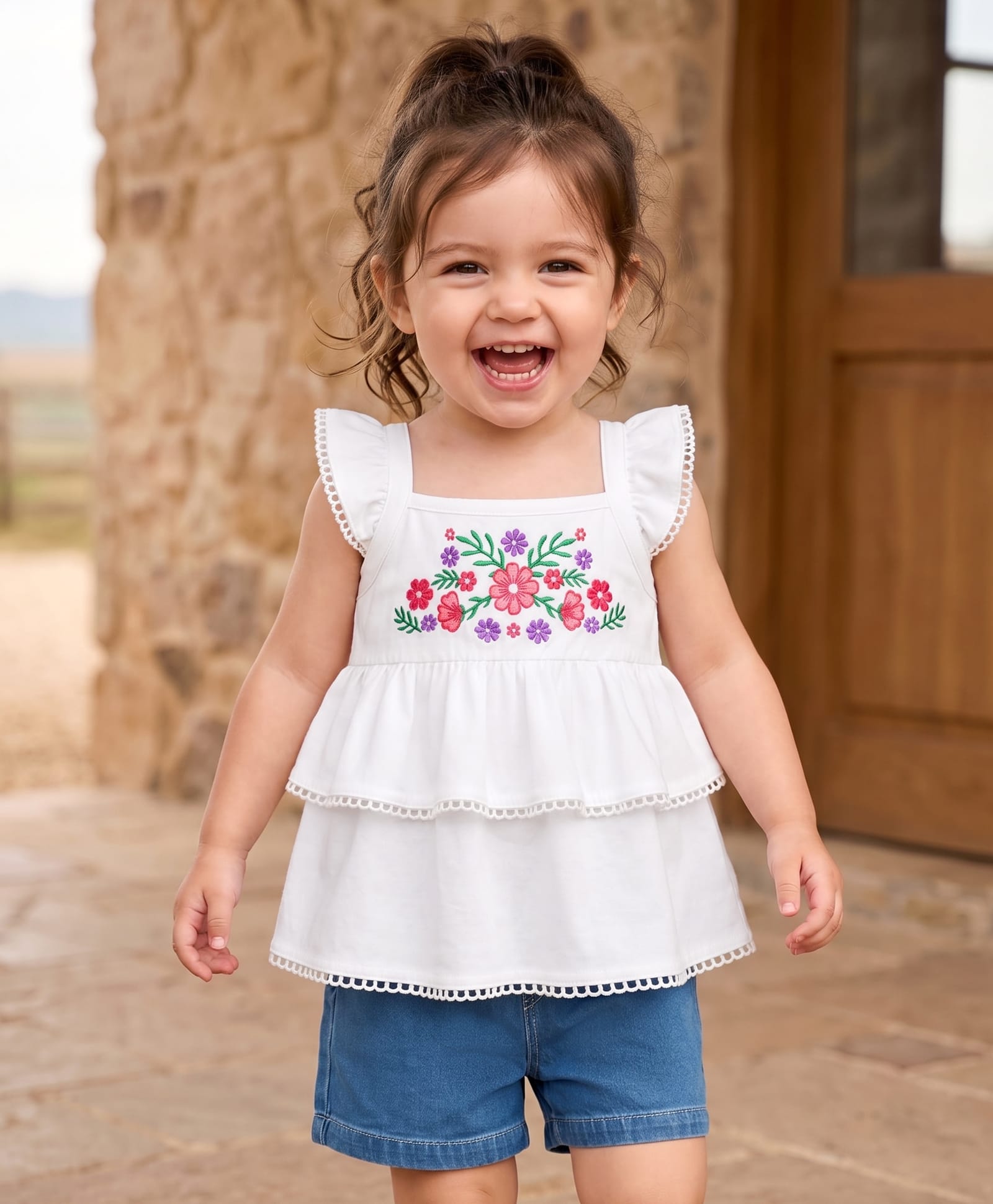 Babyhug Single Jersey Knit Sleeveless Top & Denim Shorts Set with Floral Embroidery - White & Blue-picture-25
