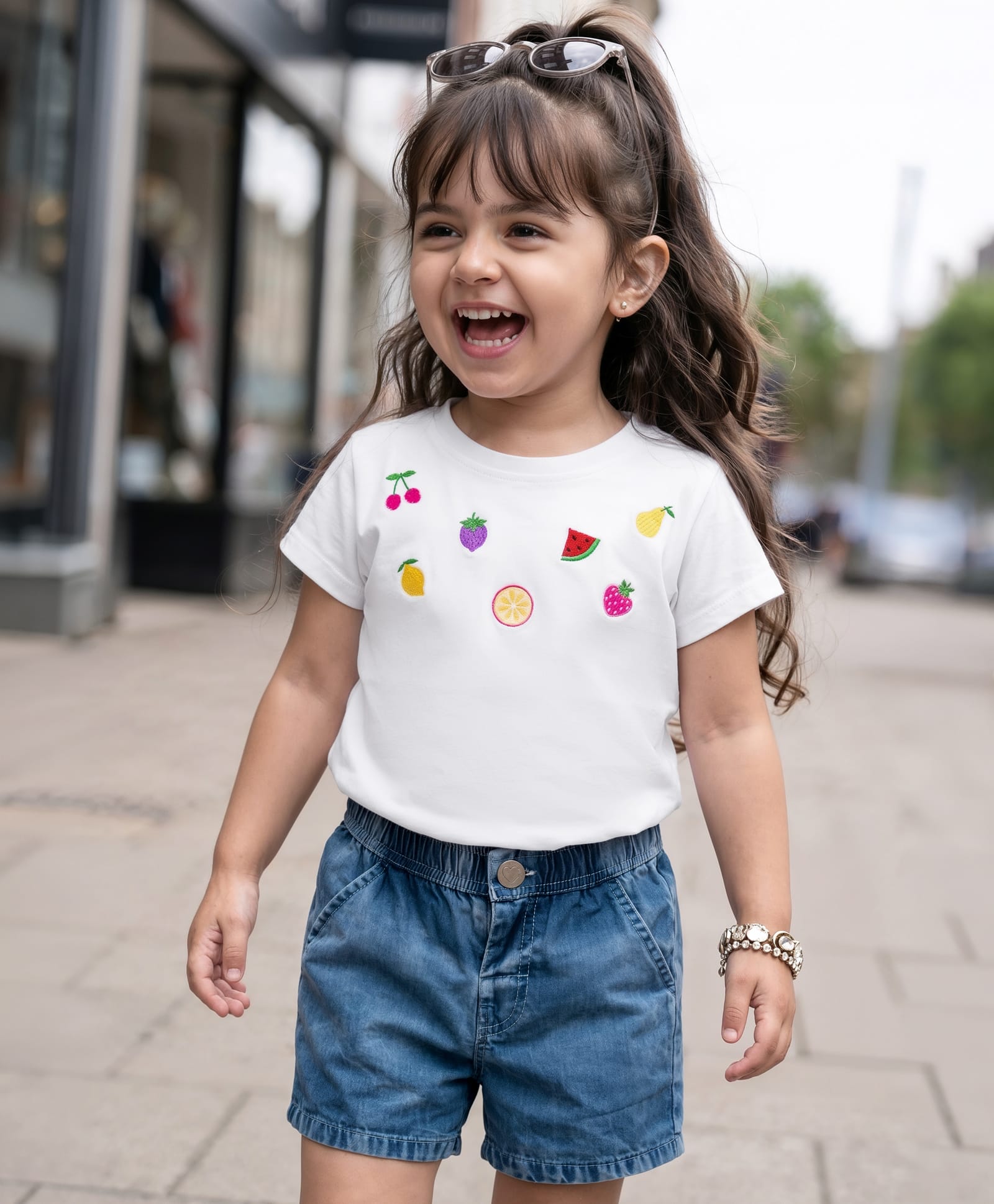 Babyhug Single Jersey Knit Half Sleeves Top & Denim Shorts Set with Fruit Embroidery - White & Blue-picture-26