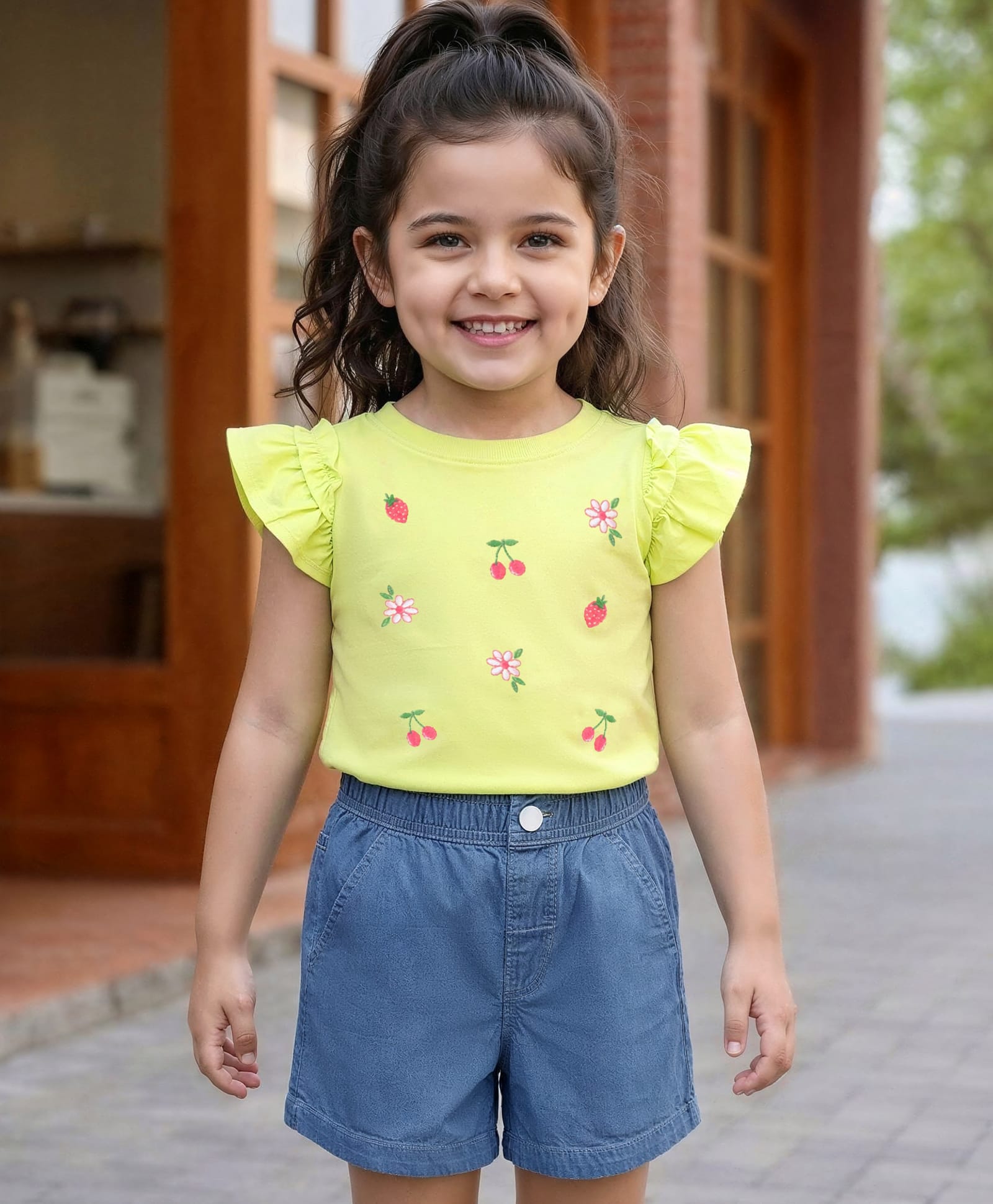 Babyhug Single Jersey Knit Denim Half Sleeves Top & Shorts With Fruit Embroidery - Green & Blue-image-41