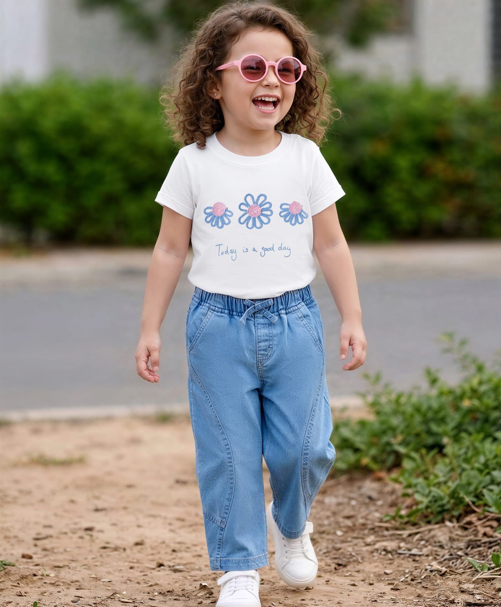 Babyhug Single Jersey Knit Half Sleeves Top & Denim Jeans Set with Floral Embroidery - White & Blue-image-31