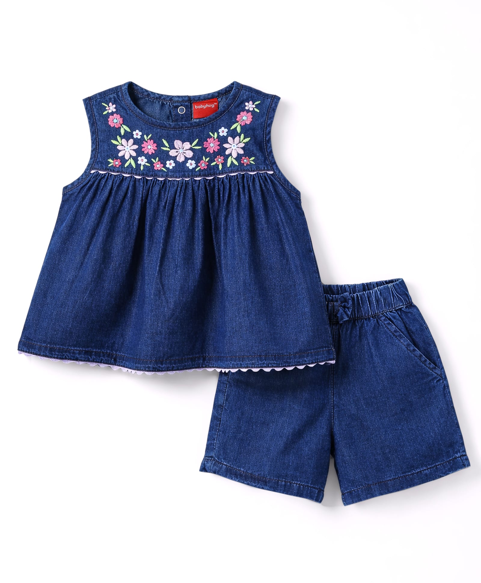 Babyhug Denim Sleeveless Floral Embroidered Top & Shorts Set - Navy Blue-picture-23