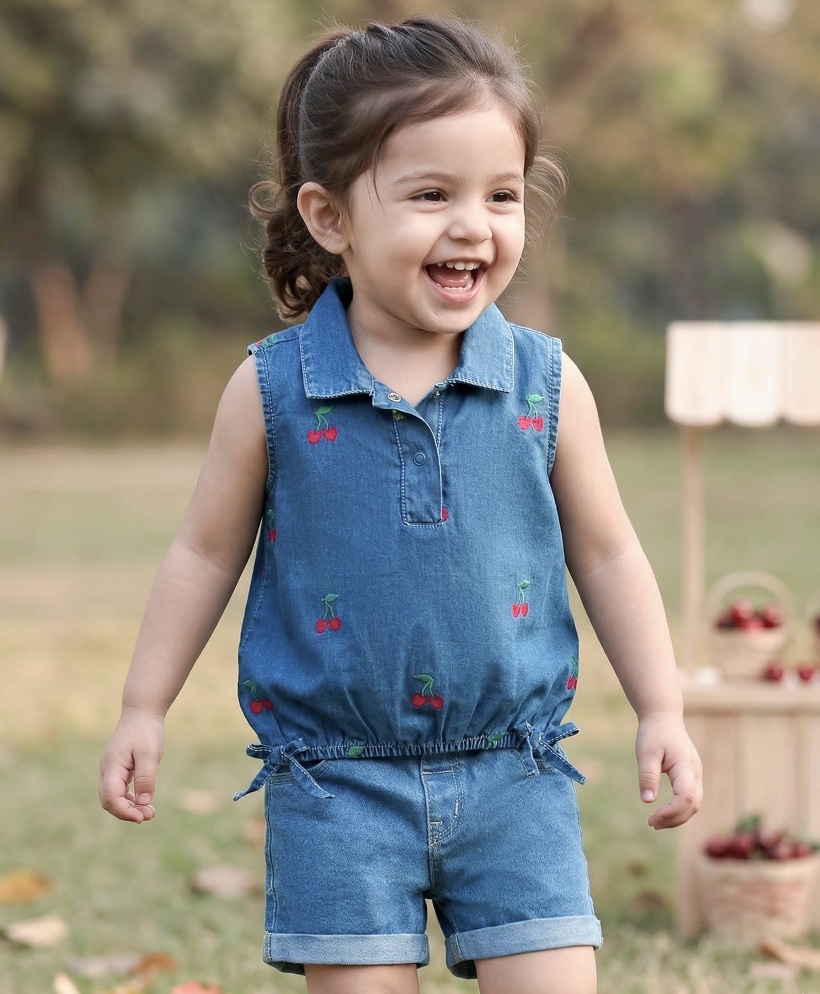 Babyhug Sleeveless Top & Shorts Set With Cherry Embroidery - Blue-image-30