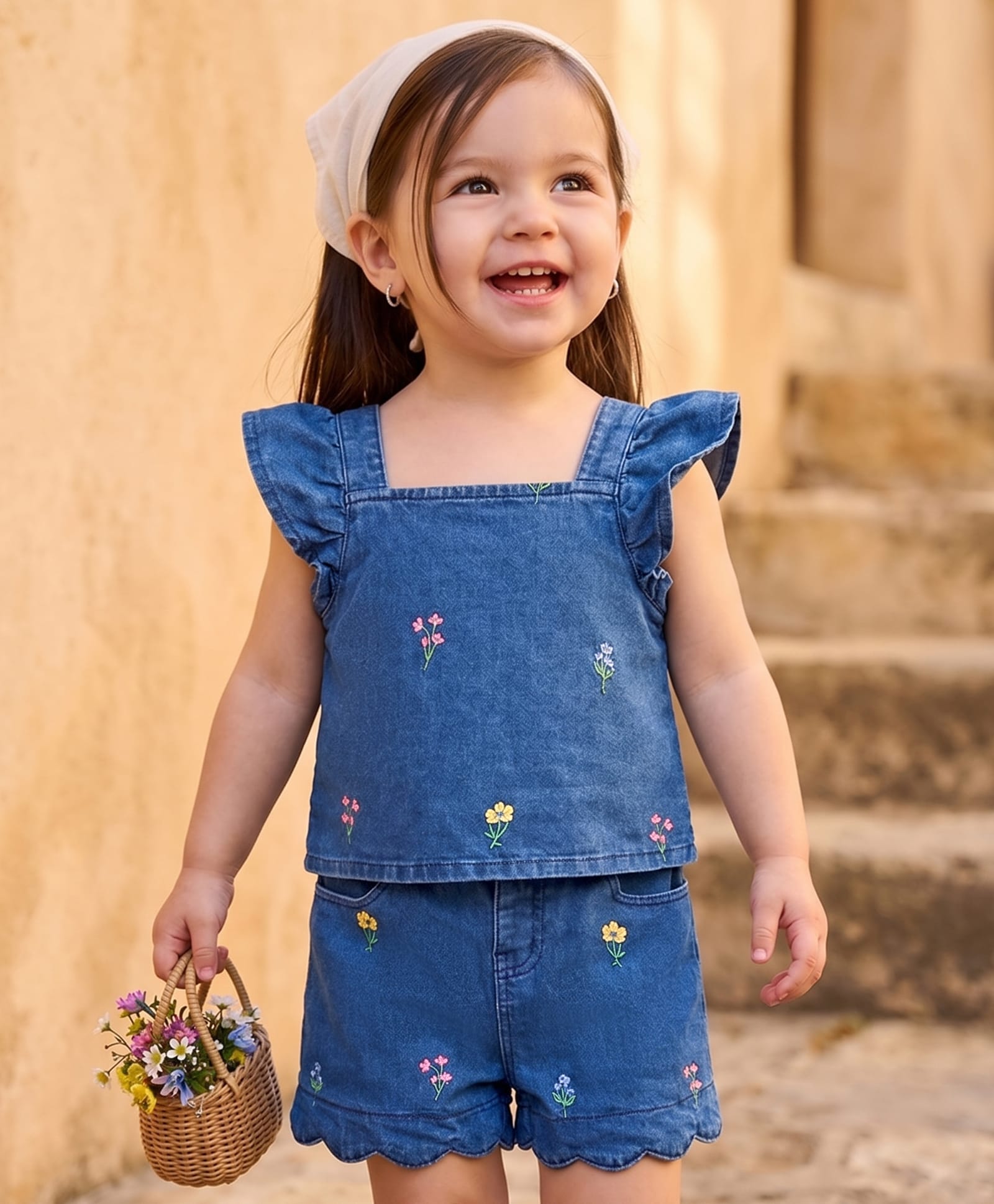 Babyhug Denim Sleeveless Floral Embroidered Top & Skirts Set - Blue-image-24