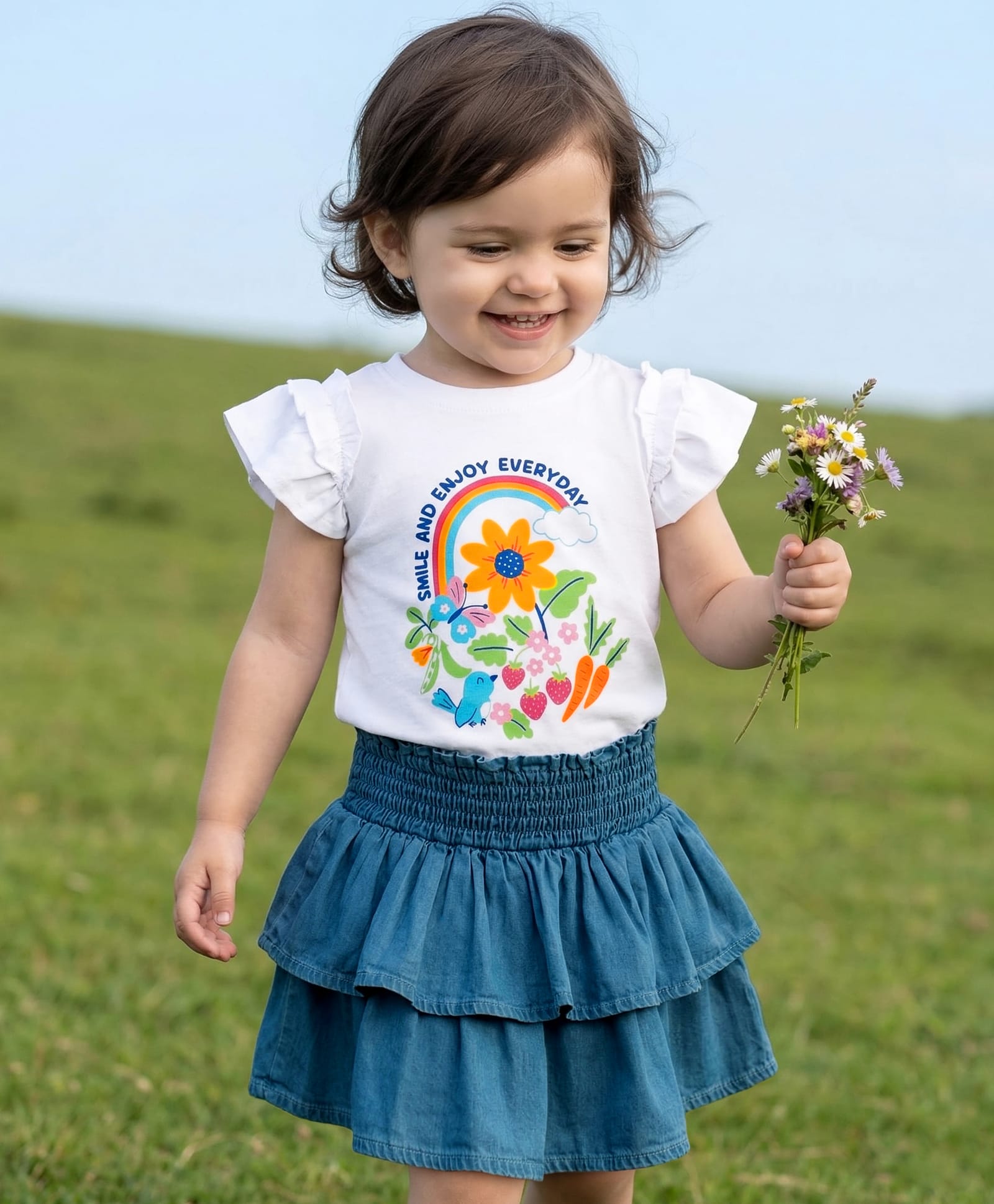 Babyhug Single Jersey Knit Half Sleeves Floral Printed T-Shirt & Skirt Set - White & Blue-image-27