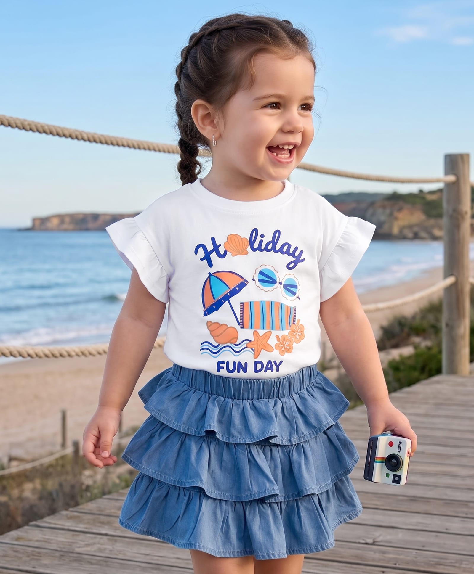 Babyhug Single Jersey Knit Half Sleeves Beach Theme Printed T-Shirt & Denim Skirts Set - White & Light Blue-image-22