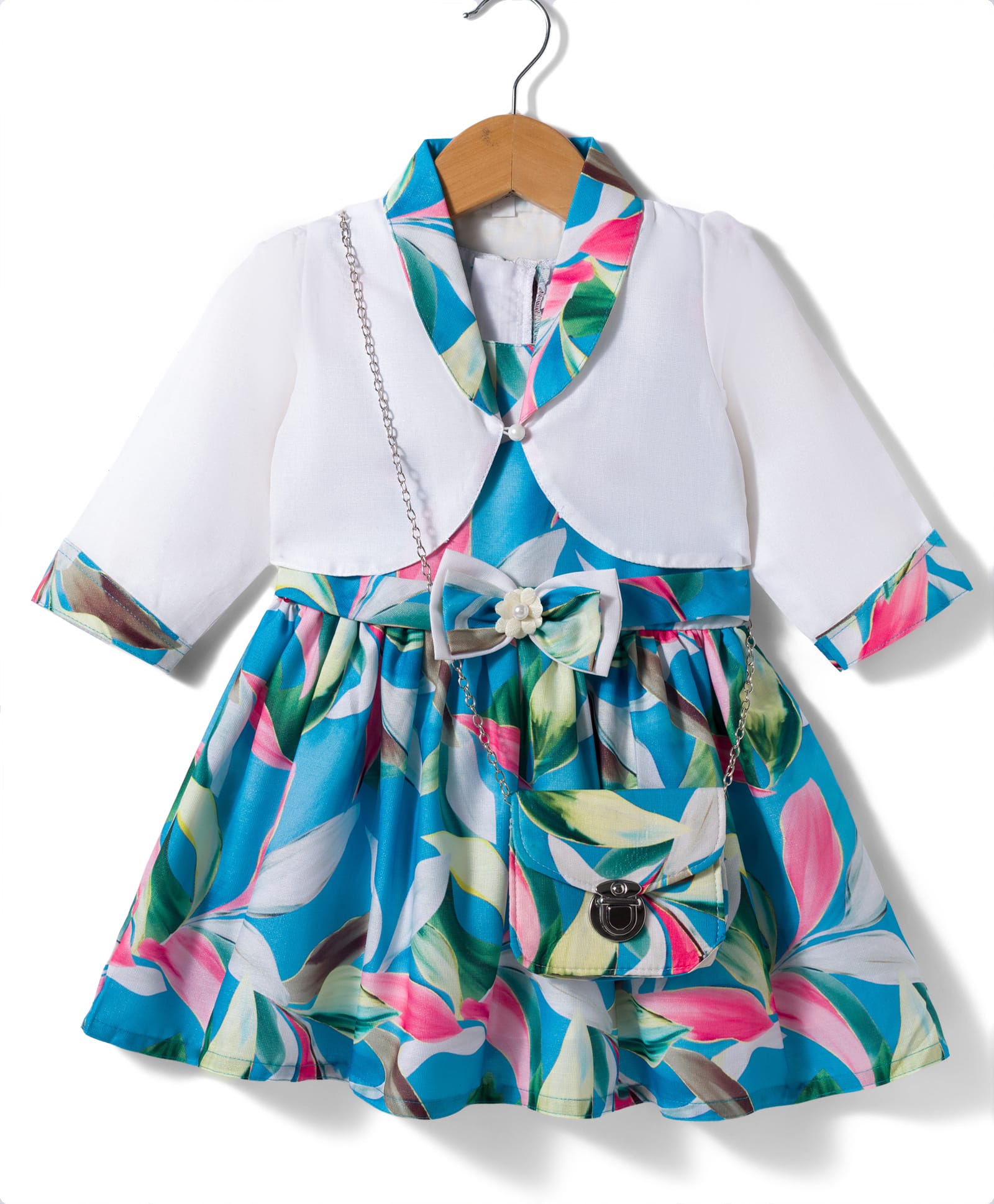 Enfance Core Cotton Woven Full Sleeves Floral & Leaves Printed Frock With Jacket & Sling - Blue