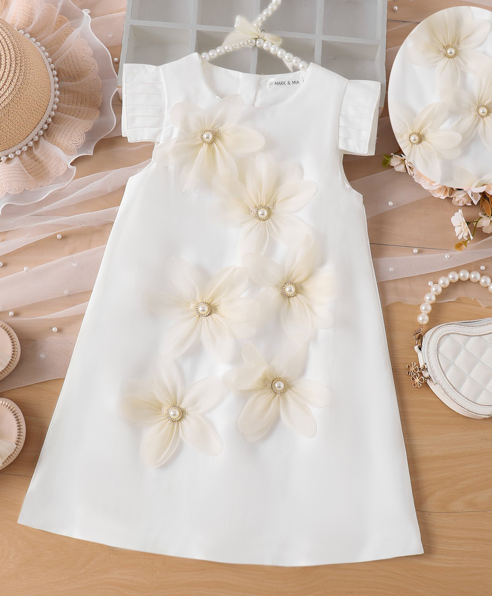 Mark & Mia Cotton Half Sleeves Party Dress With Floral Applique - White-image-10