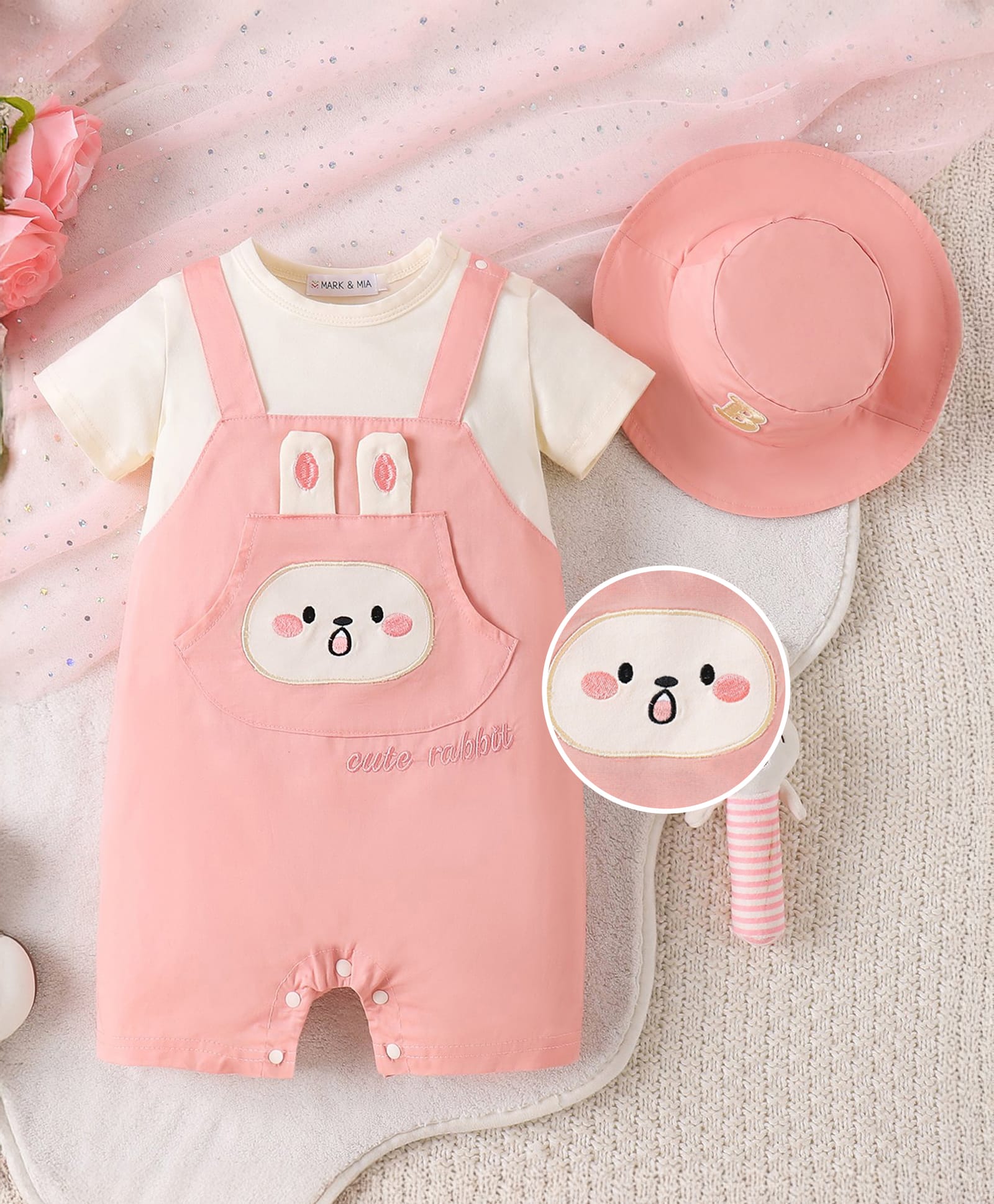 Mark & Mia Half Sleeves Romper with Bunny Patch - Pink-image-38