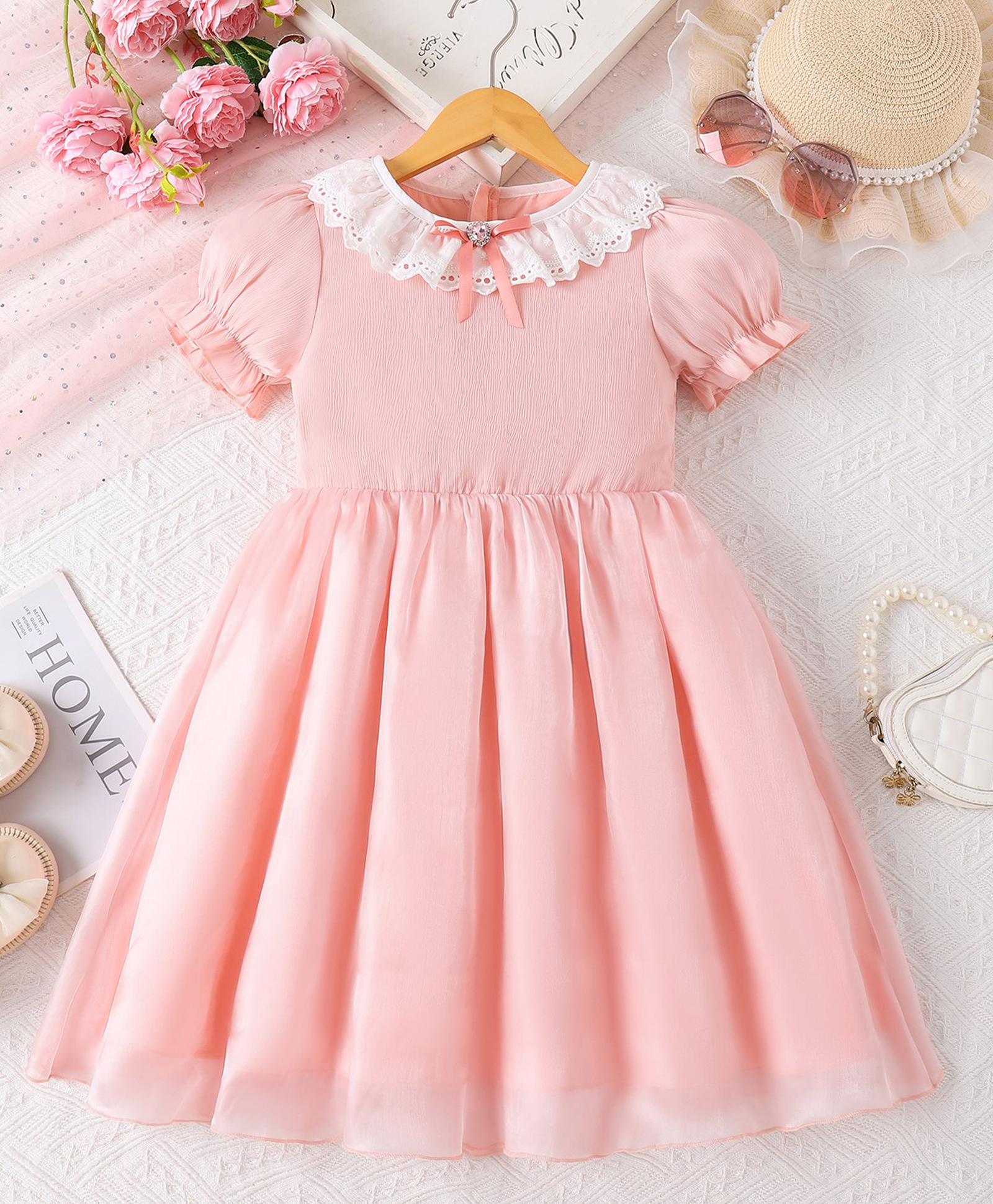 Mark & Mia Half Puffed Sleeves Solid Color Frock with Lace Detailing - Pink-image-19