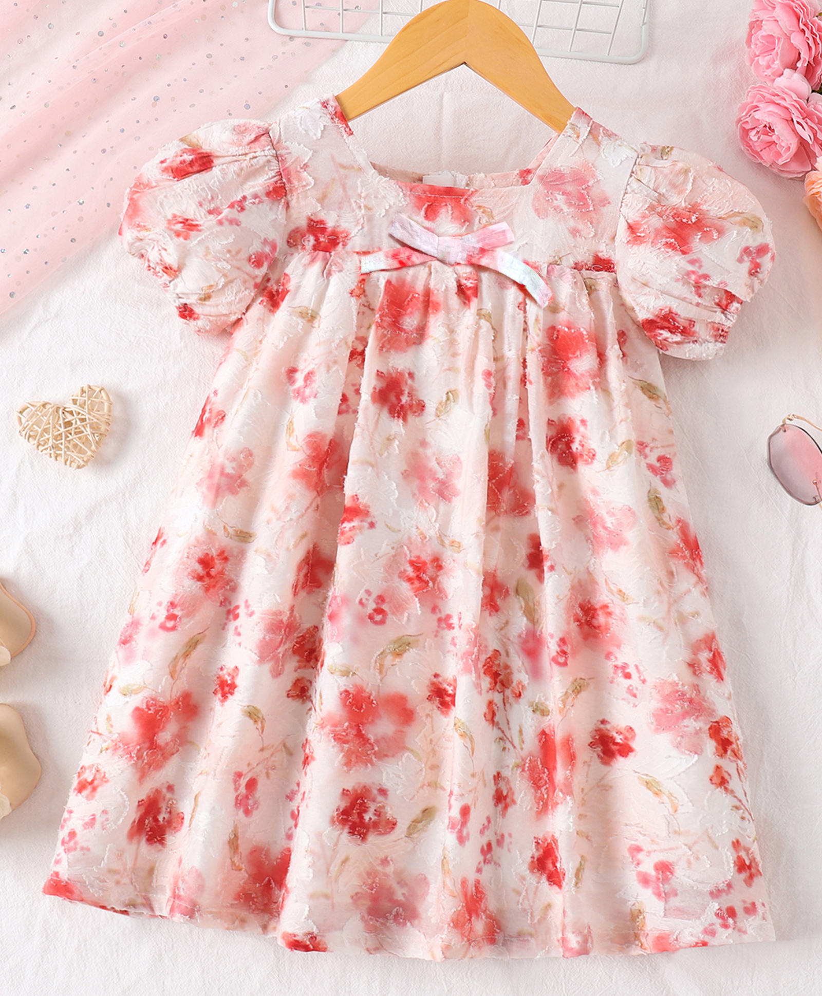 Mark & Mia Viscose Half Sleeves Floral Embroidered & Printed Frock - Pink-image-35