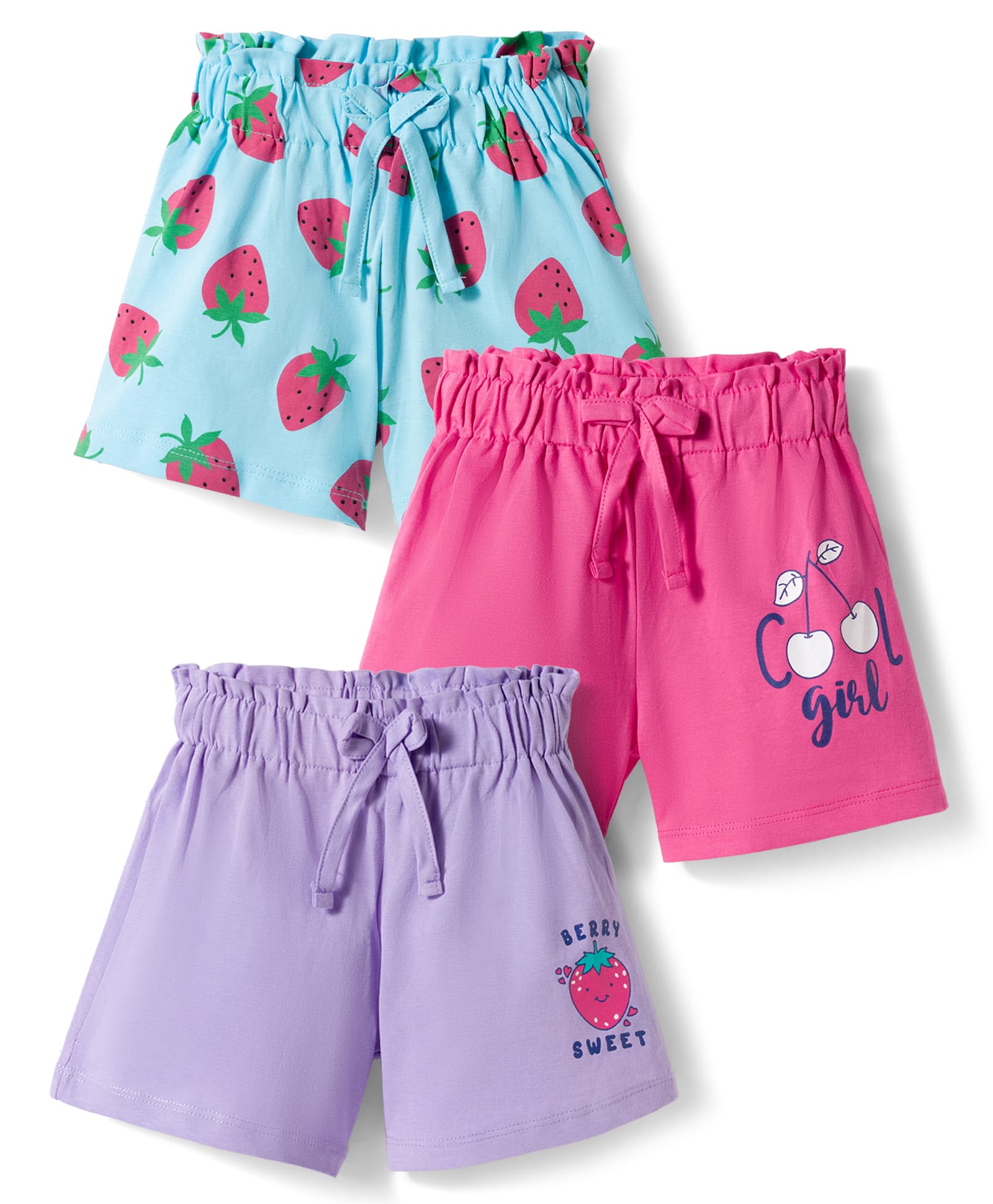 Doodle Poodle 100% Cotton Knit Knee Length Shorts with Fruit Print Pack of 3 - Pink Lavender & Light Blue-image-26