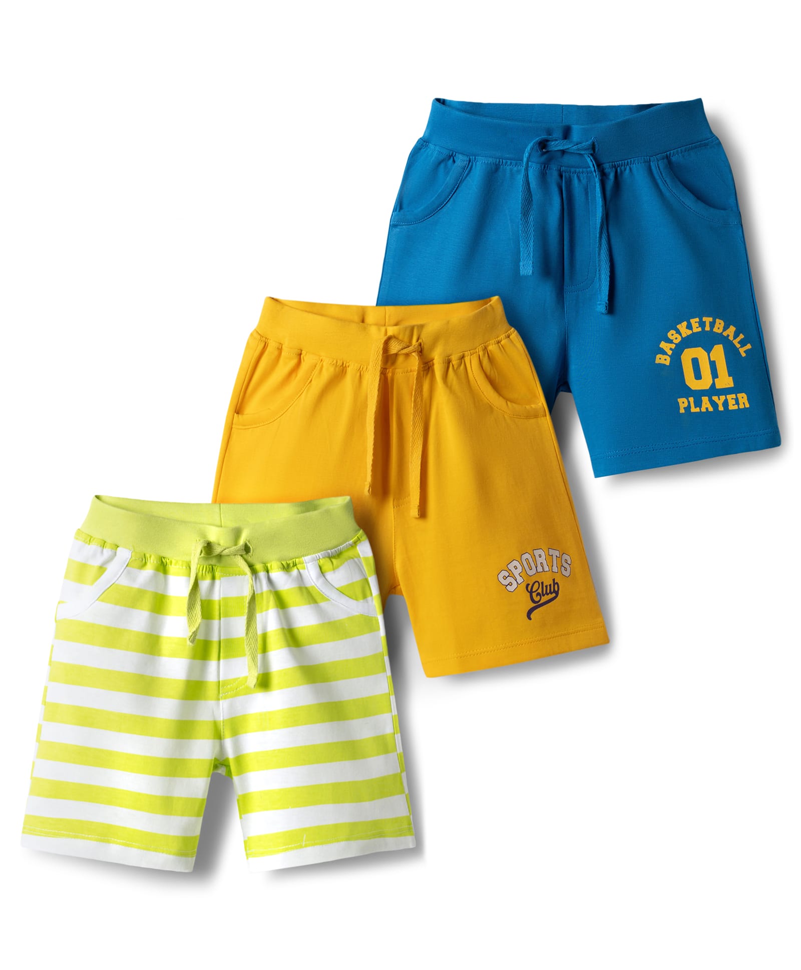Doodle Poodle 100% Cotton Knit Knee Length Striped & Printed Shorts Pack of 3 - Blue Green & Yellow-picture-28