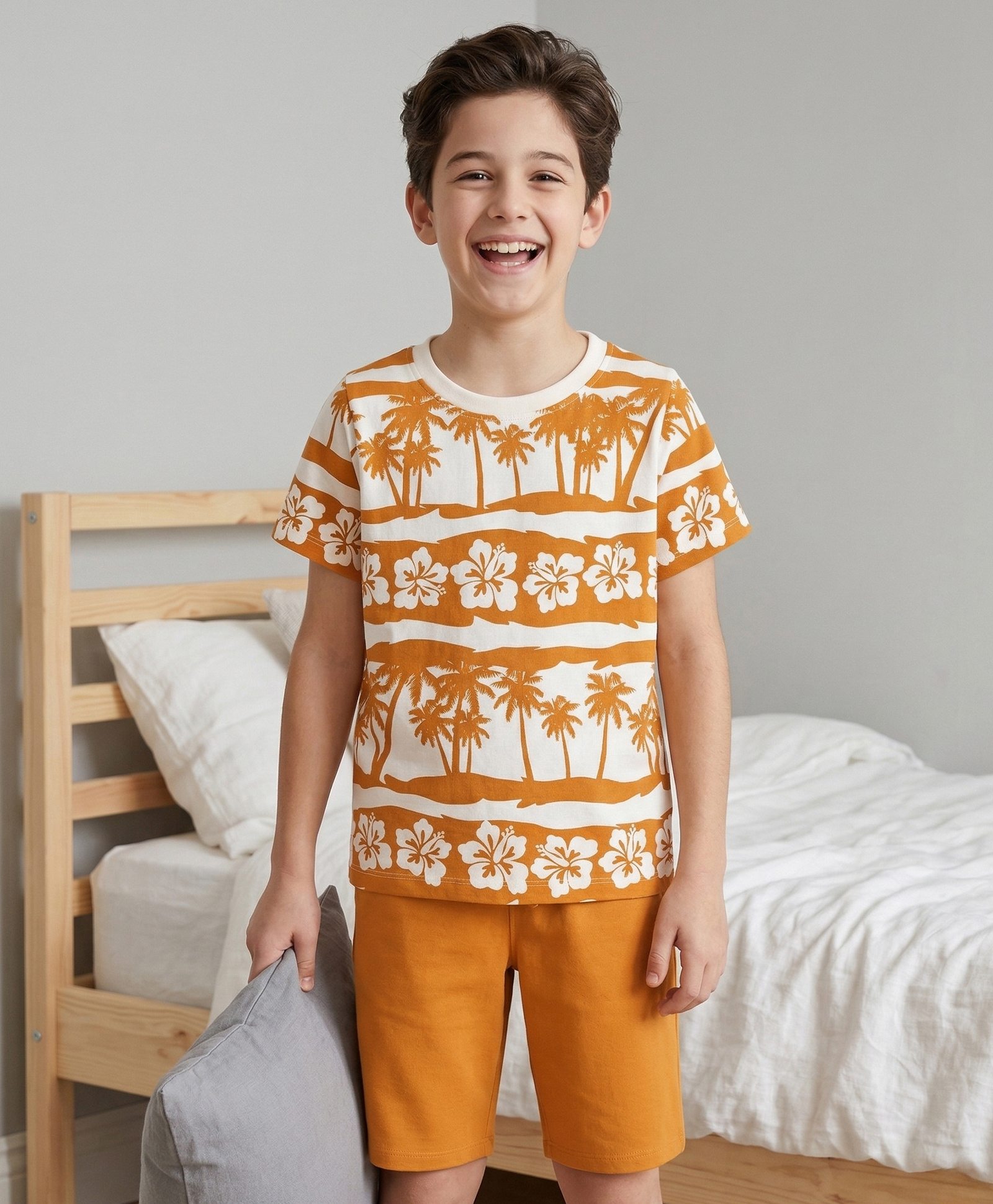 Pine Kids Cotton Knit Half Sleeves T-Shirt & Shorts Night-Suit With Floral & Tree Print - Mustard-image-2
