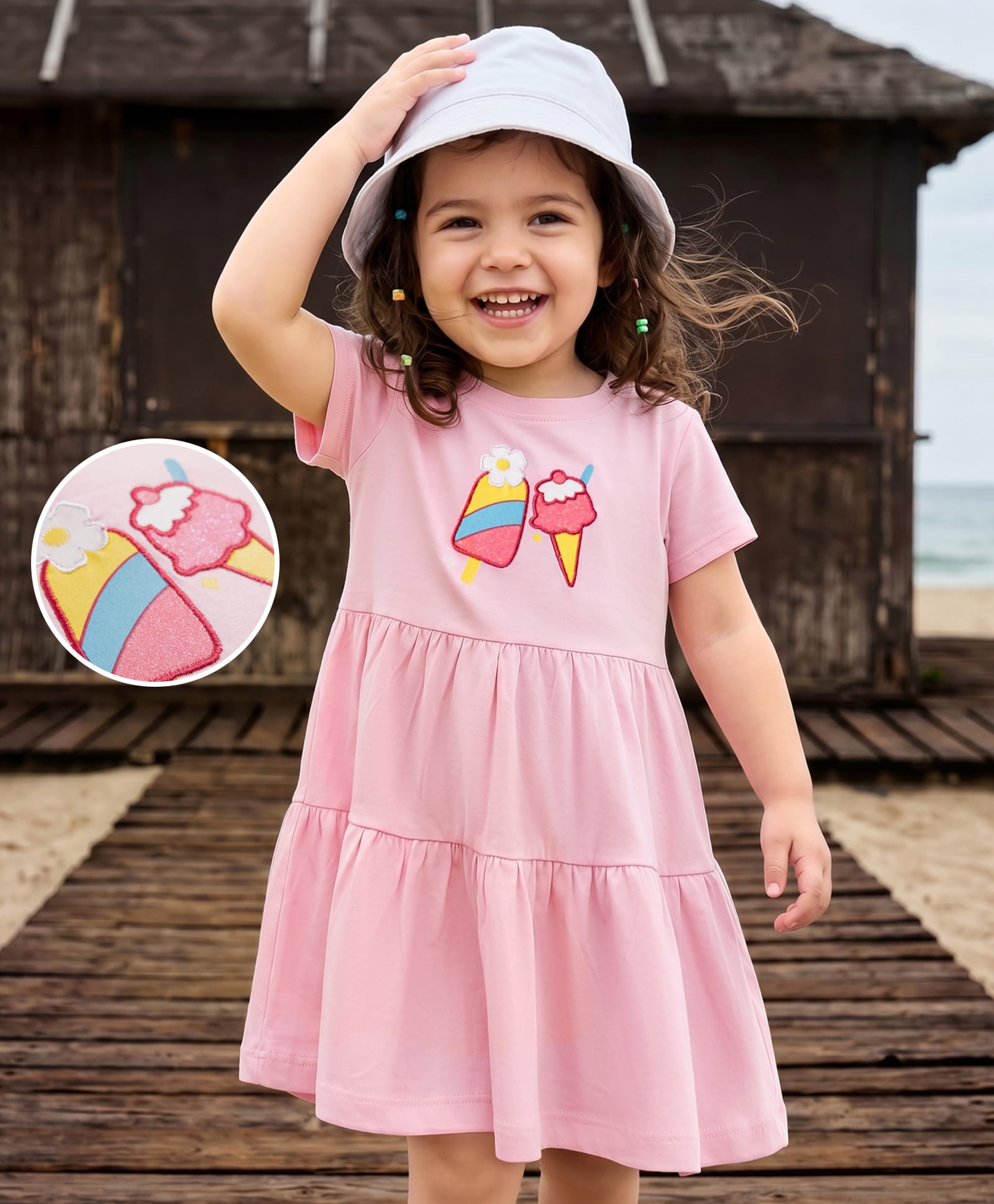 Mark & Mia Cotton Knit Half Sleeves Frock with Ice Cream Embroidery - Pink-image-40