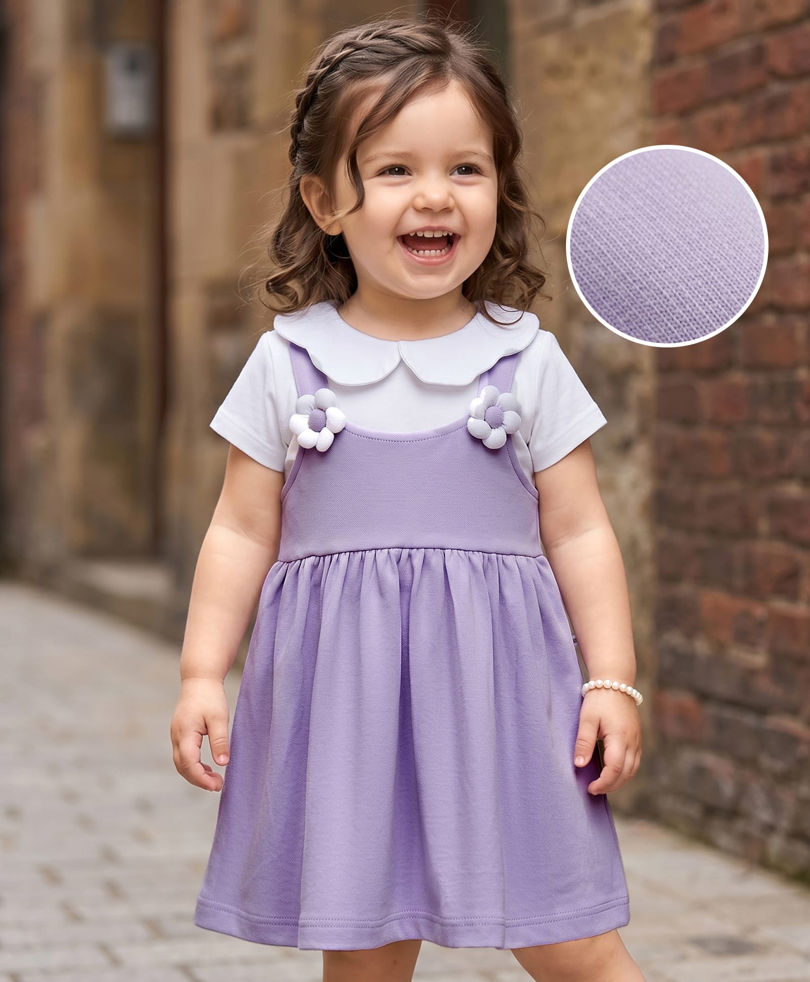 Mark & Mia Cotton Knit Half Sleeves Frock with Collar & Badge Detailing - Purple-image-5